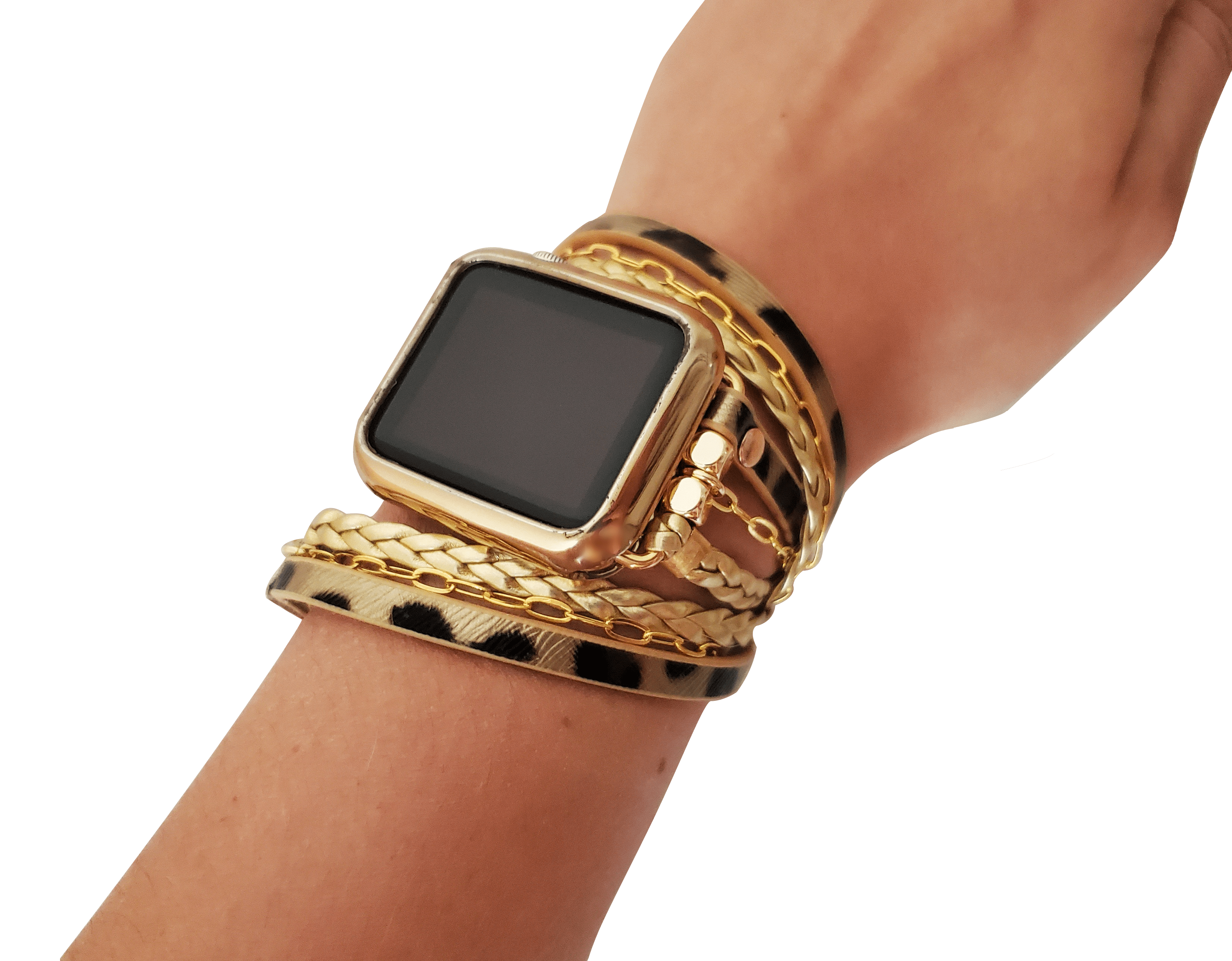 Gold Leopard Braided Leather Bracelet Band compatible with Apple Watch 38 40 41 42 44 45mm iWatch 7-1 SE - Mareevo