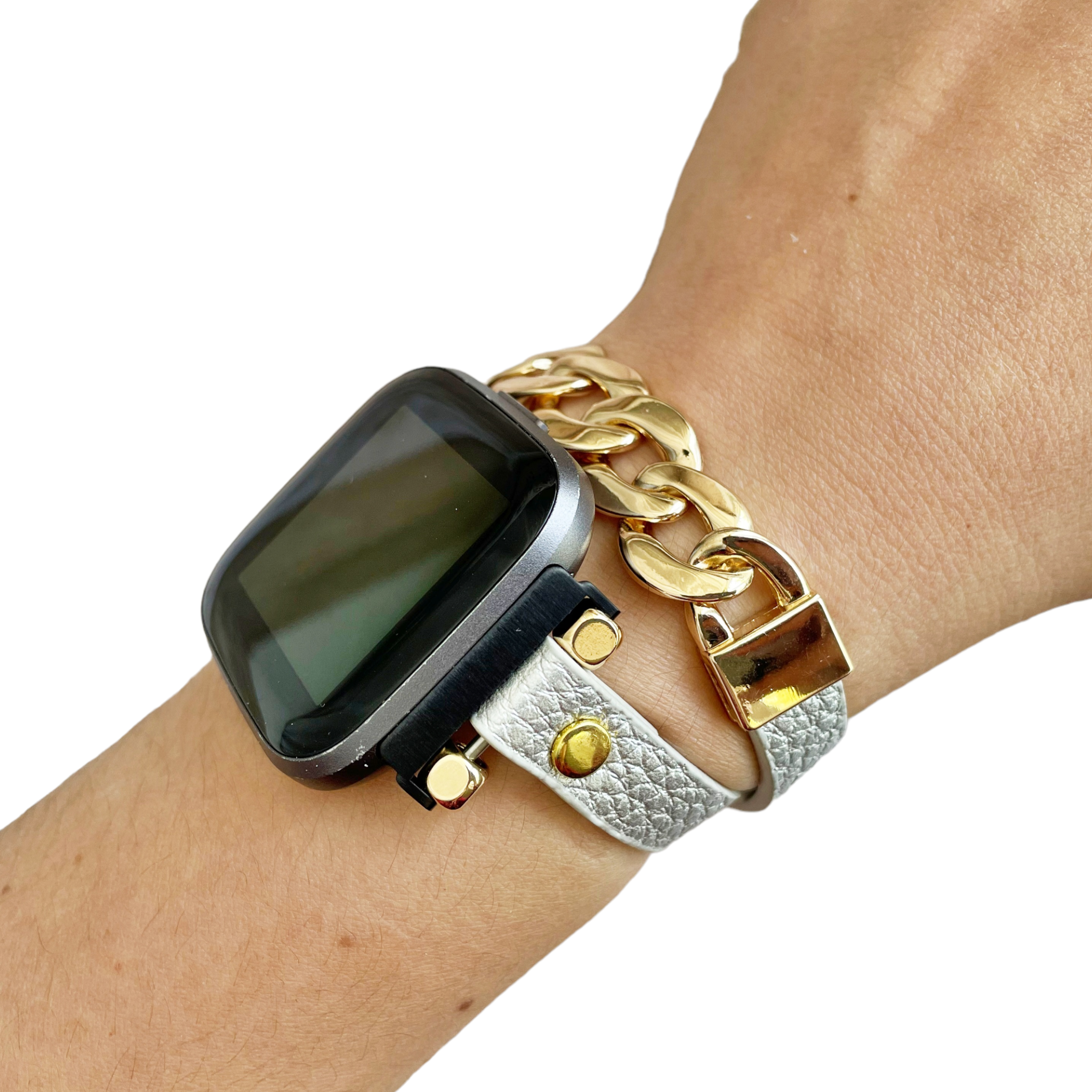 Posh Black Leather Gold Chain Wrap Watch Bracelet Band for Fitbit Versa 3 and Sense