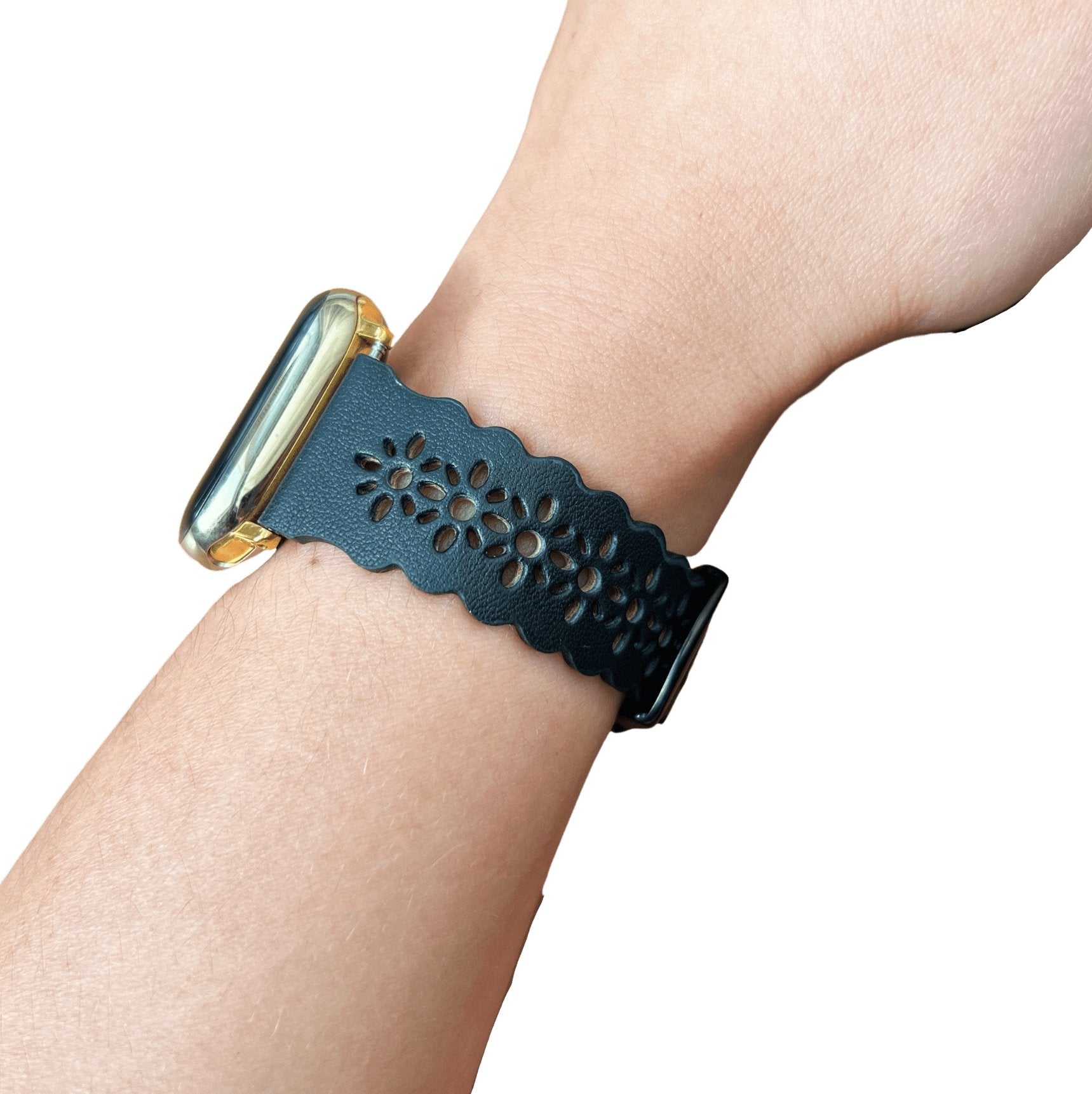 Black Filigree Laser Cut Lace Leather Watch Band - Mareevo