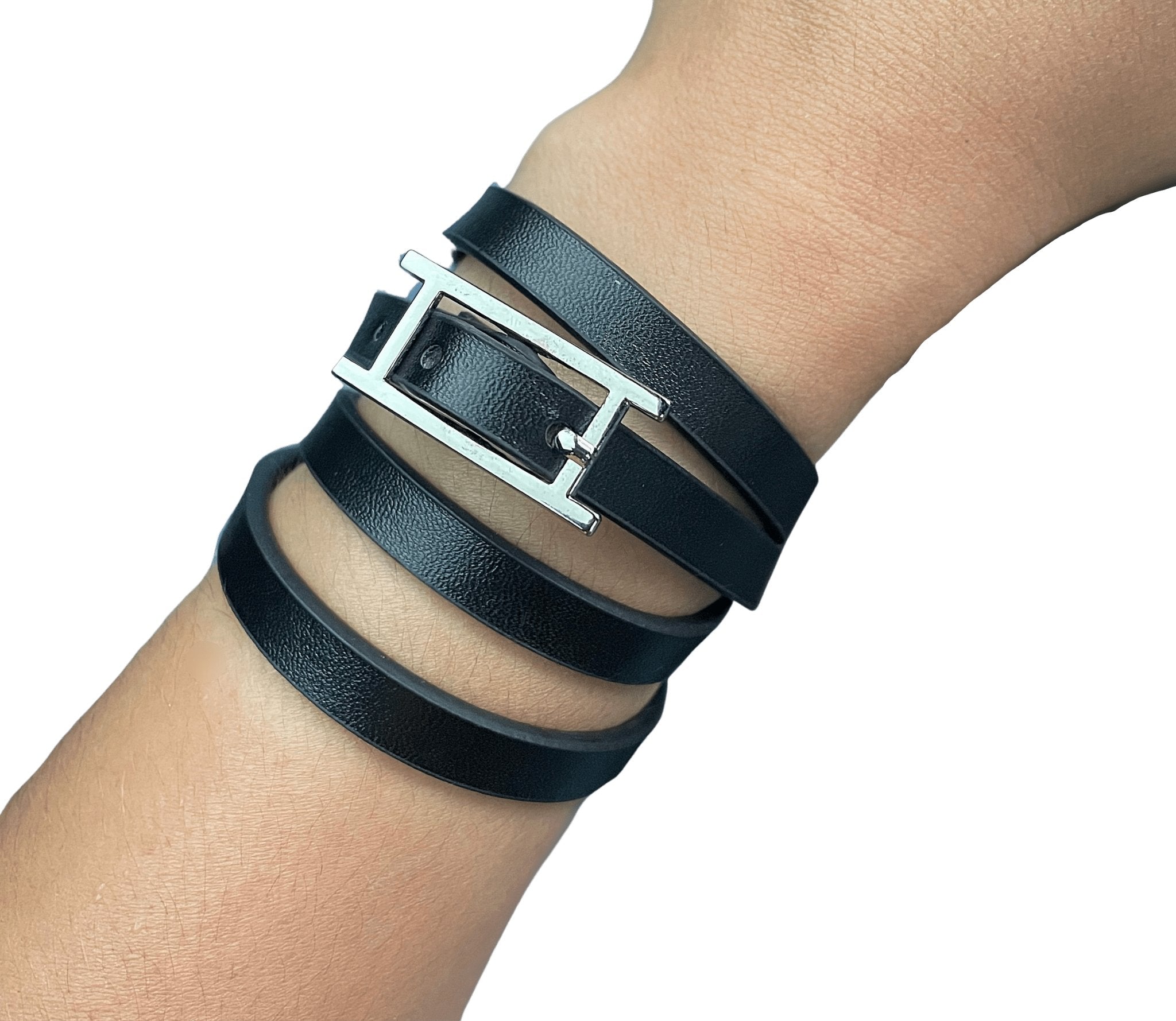 Black Multi Wrap Vegan Leather Bracelet H style Buckle - Mareevo