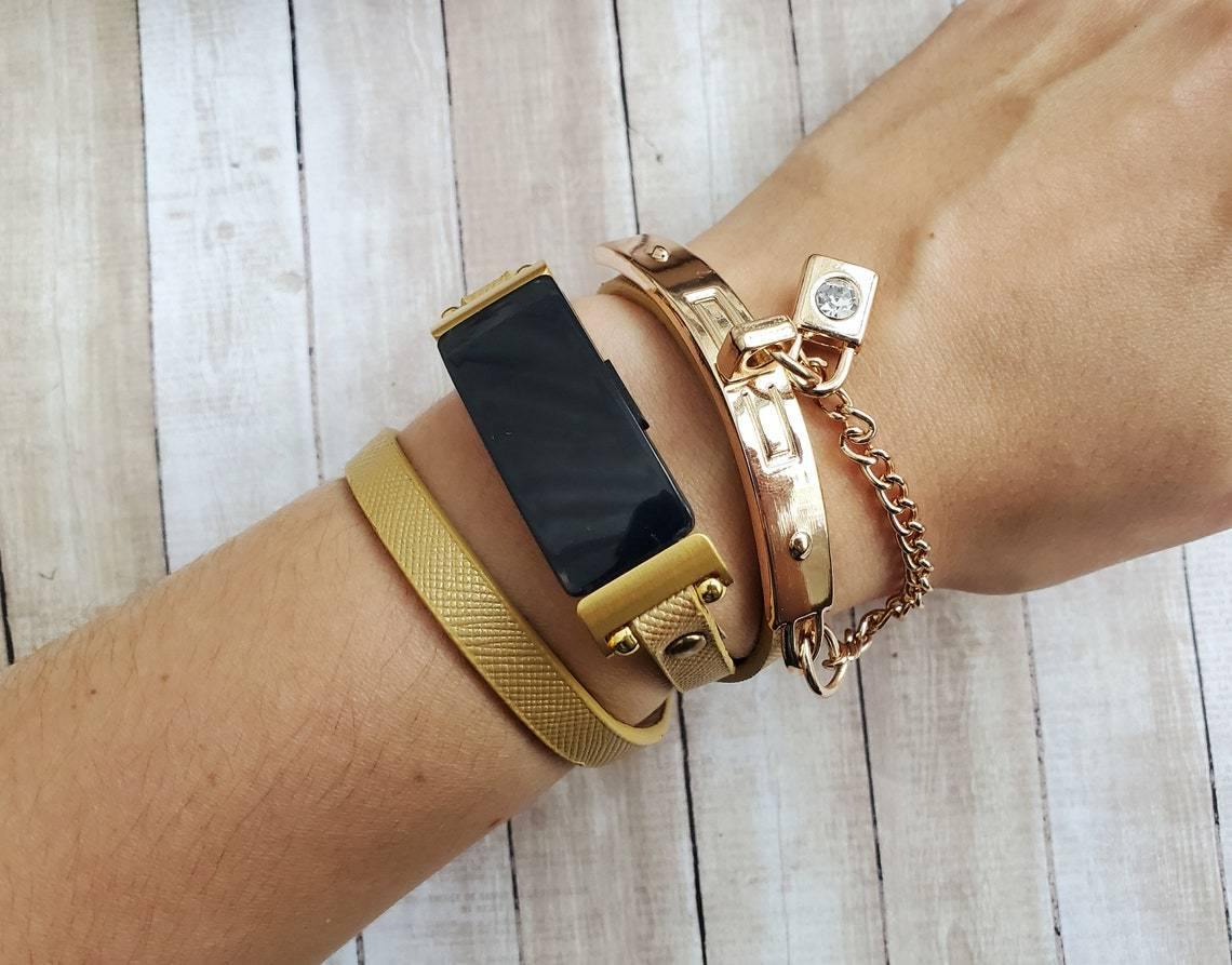 Black Vegan Leather Bracelet Gold Bangle with Lock Charm for Fitbit Luxe - Mareevo