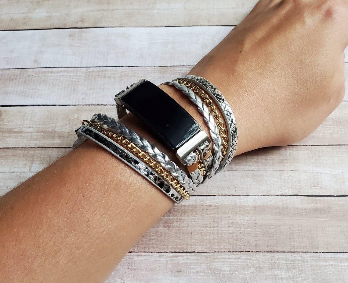 Boho Chic Silver Snake Skin Print Watch Band with Gold Chain - Mareevo