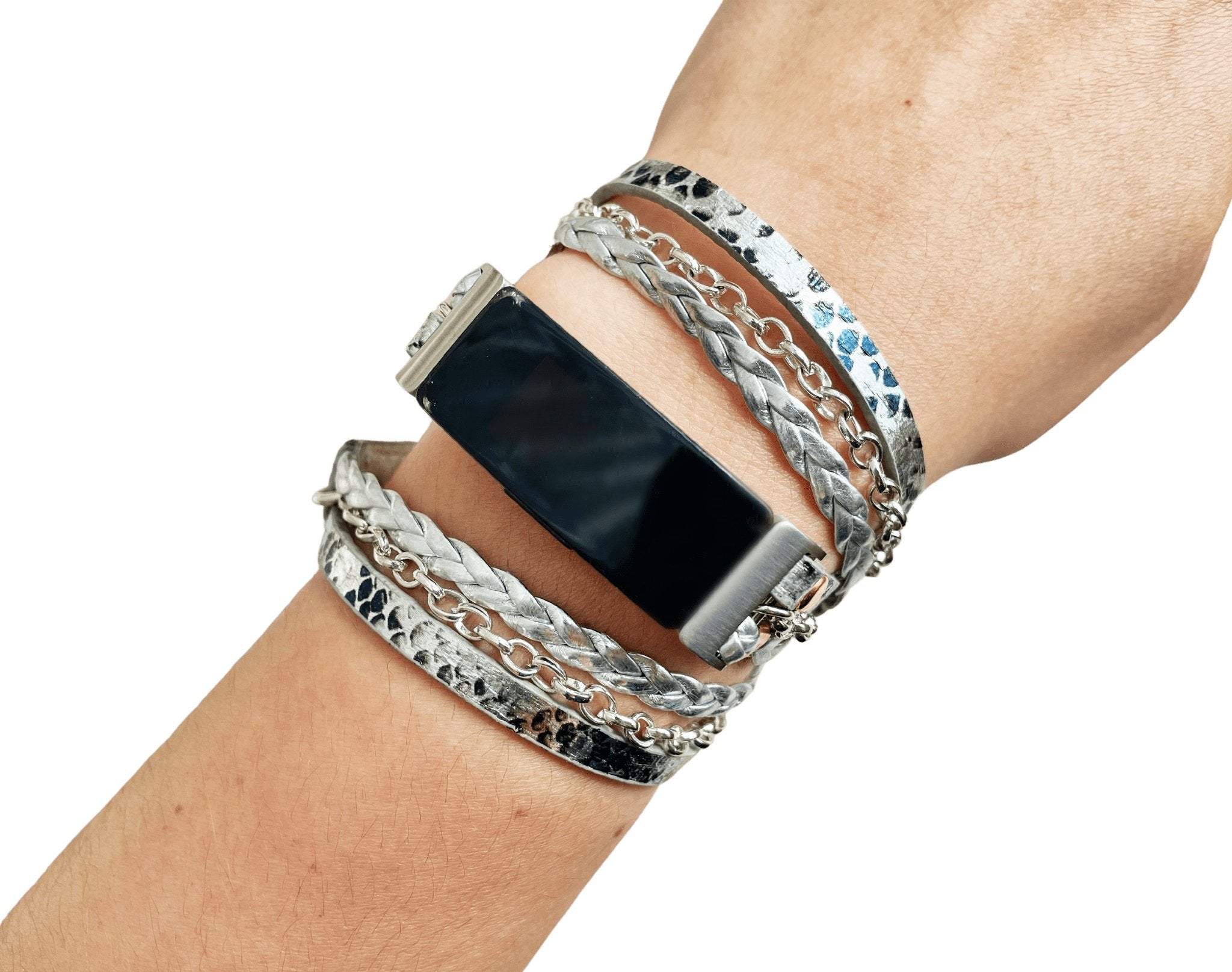 Boho Chic Silver Snakeskin Leather Watch Band with Silver Chain for Fitbit Luxe - Mareevo