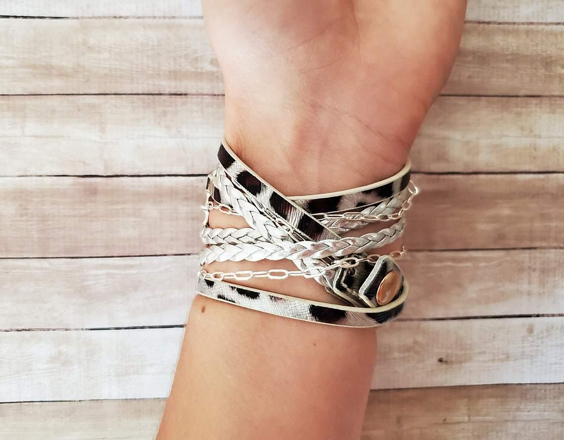 Boho Chic White Cheetah Print Leather Wrap Strap Bracelet for Fitbit Inspire - Mareevo