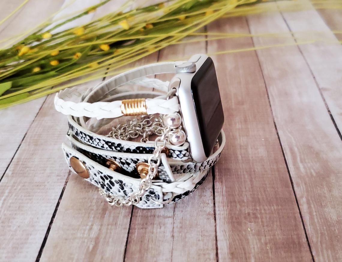 Boho Chic White Snake Skin Leather Watch Band with Silver Chain - Mareevo