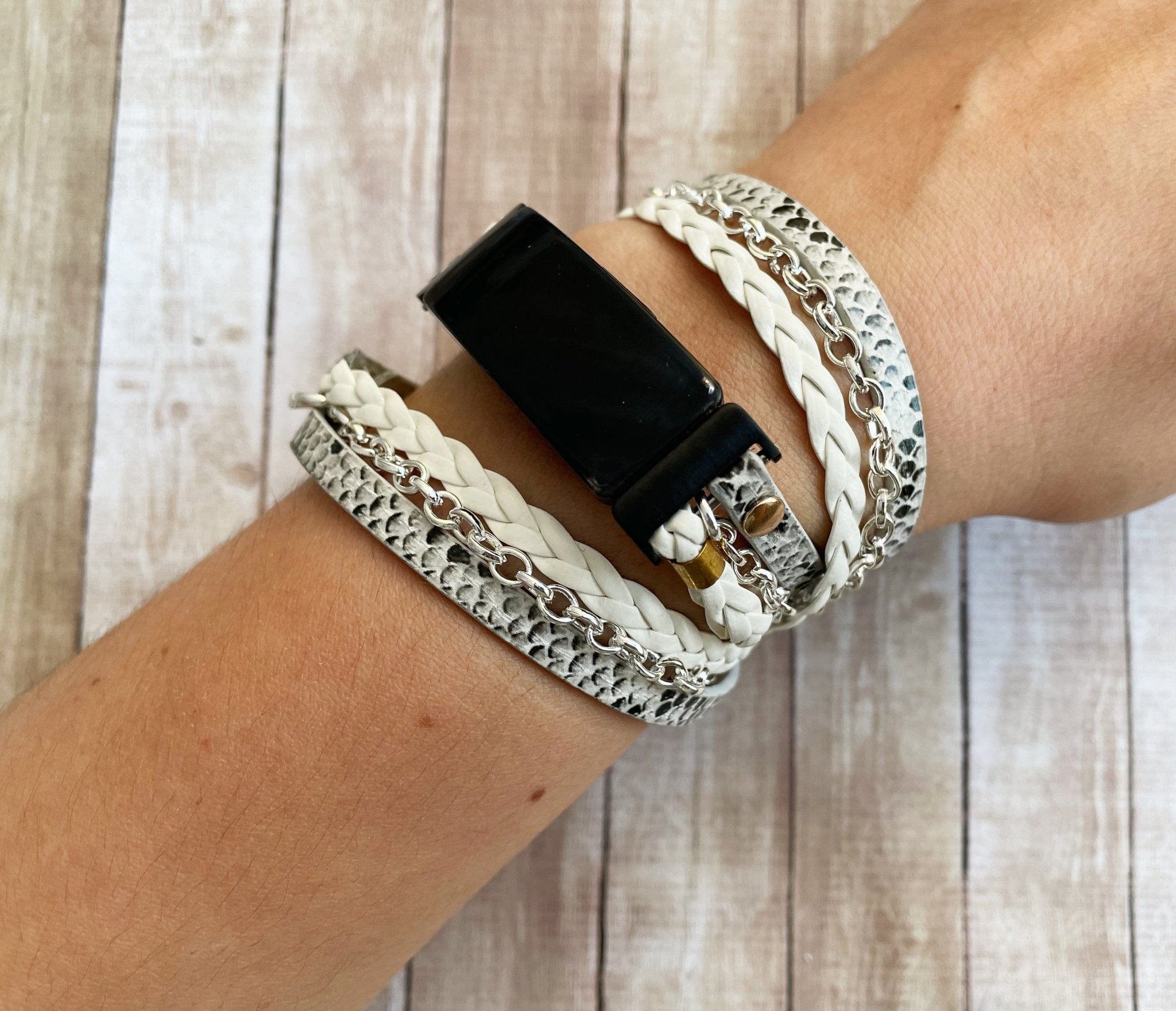 Boho Chic White Snakeskin LeatherWatch Band with Silver Chain for Fitbit Luxe - Mareevo