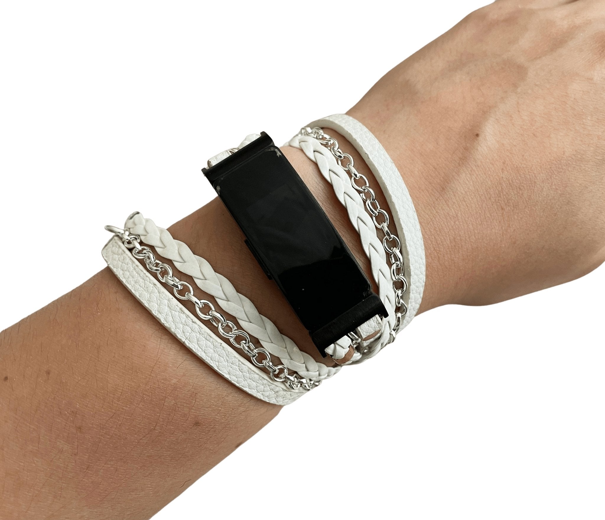 Boho Chic Wrap Leather Watch Band with Silver Chain for Fitbit Luxe - Mareevo