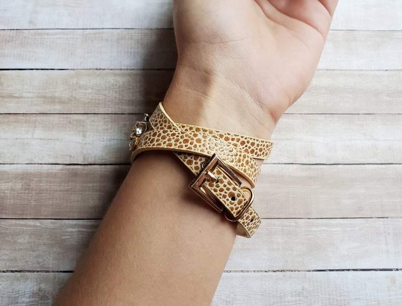 Gold Boho Chic Cheetah Print Leather Wrap Strap Bracelet for Fitbit Inspire - Mareevo