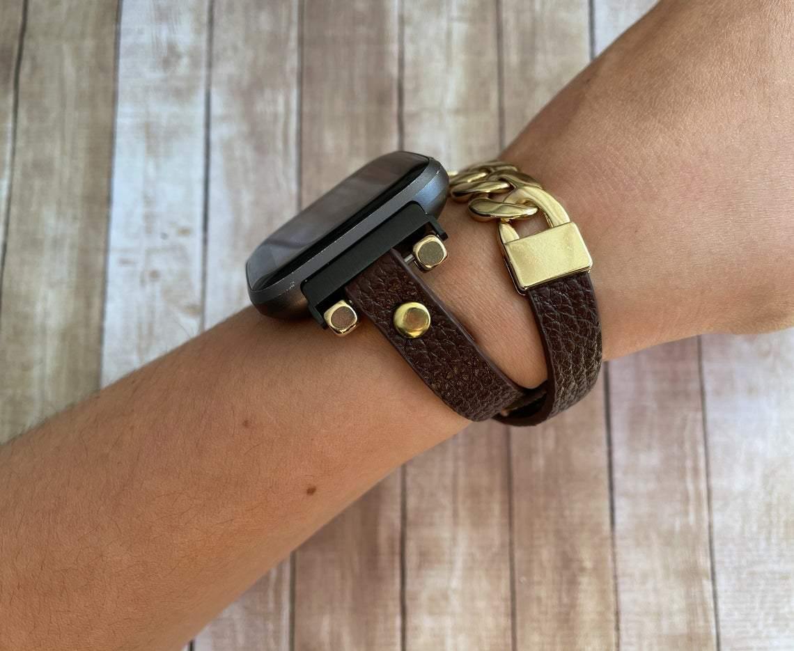 Gold Chain Bracelet Brown Leather Fitbit Watch Band for Fitbit Versa - Mareevo