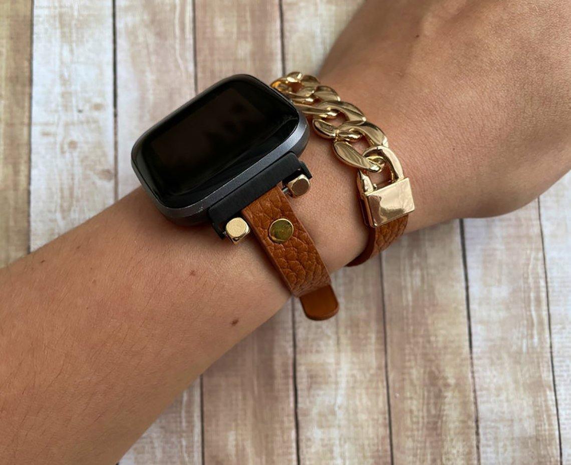 Light Brown Leather Wrap Watch Band for Fitbit Versa - Mareevo
