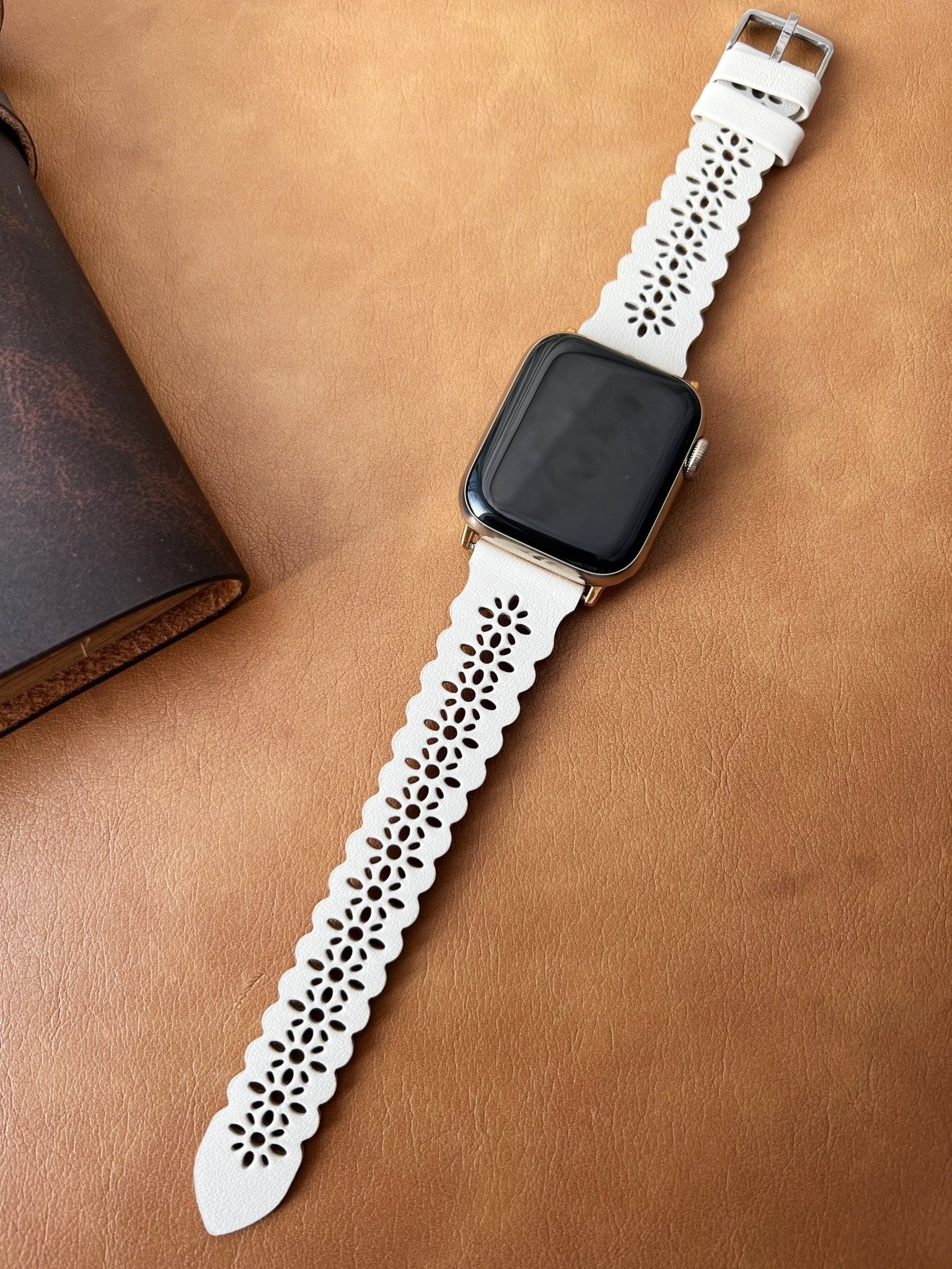 Off White Filigree Laser Cut Lace Leather Watch Band - Mareevo
