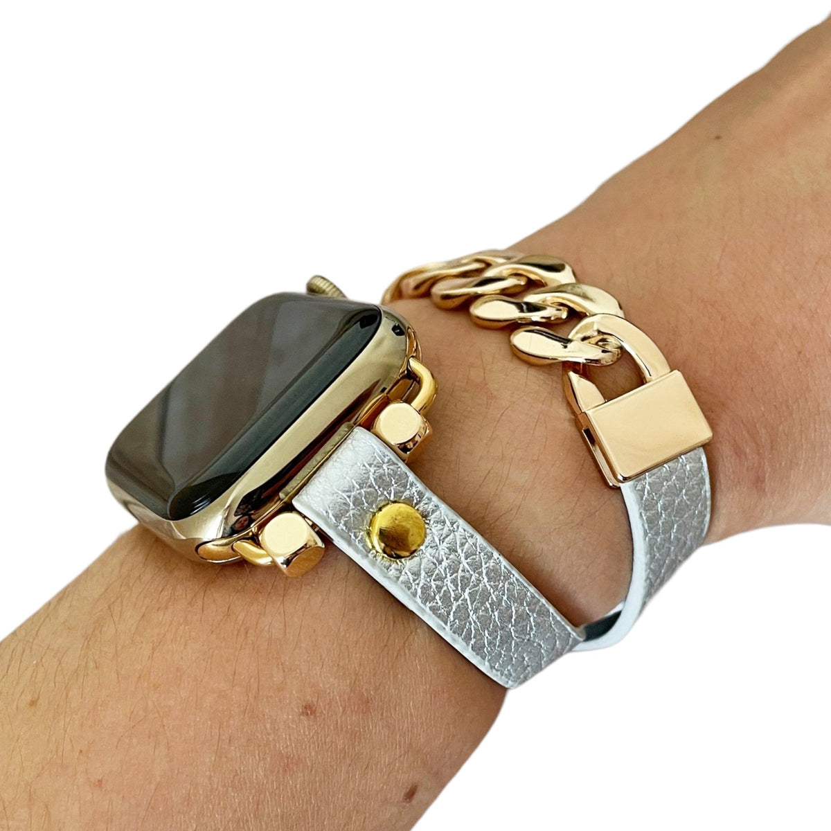 Posh Checker Leather Wrap Bracelet Gold Chain Band