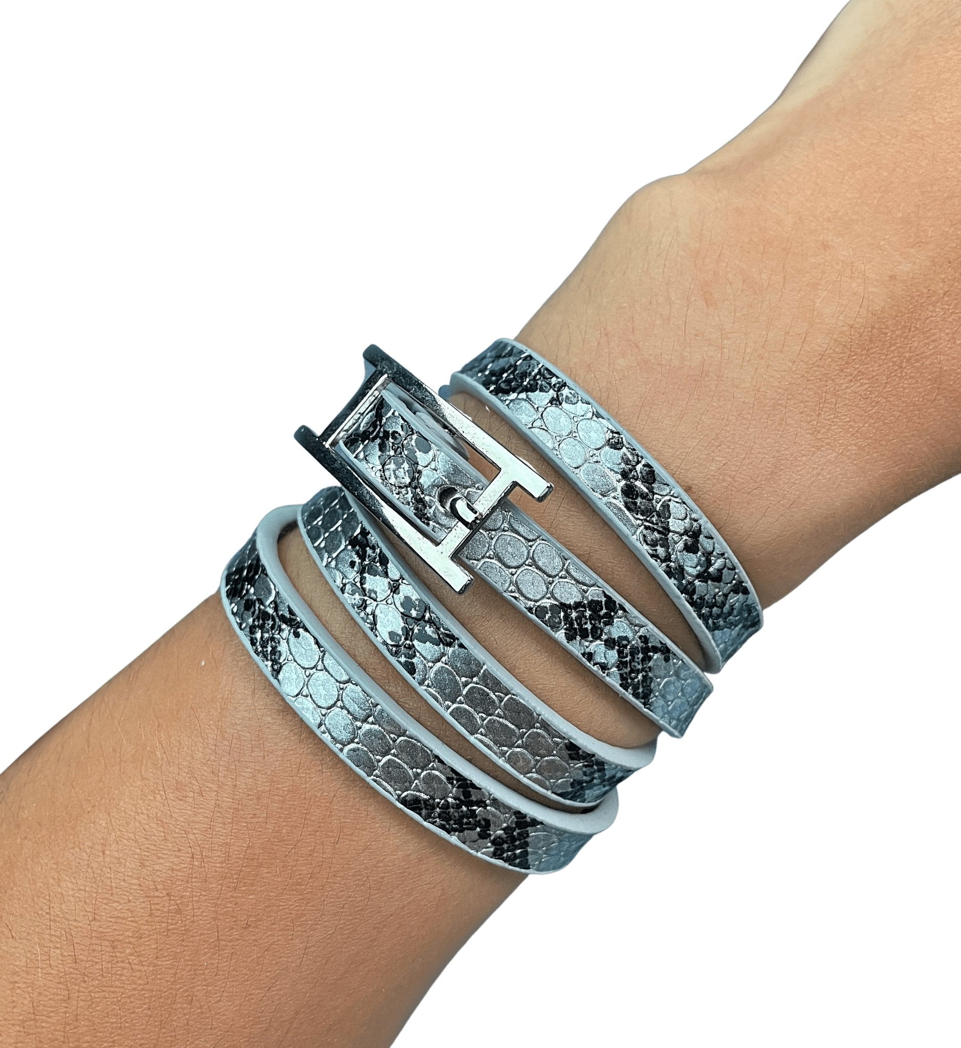 Silver Snake Skin Pattern Multi Wrap Vegan Leather Bracelet H style Buckle - Mareevo