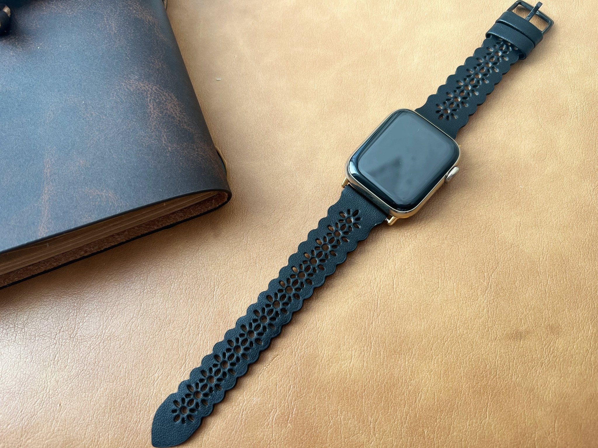Stonington Gray Filigree Laser Cut Lace Leather Watch Band - Mareevo