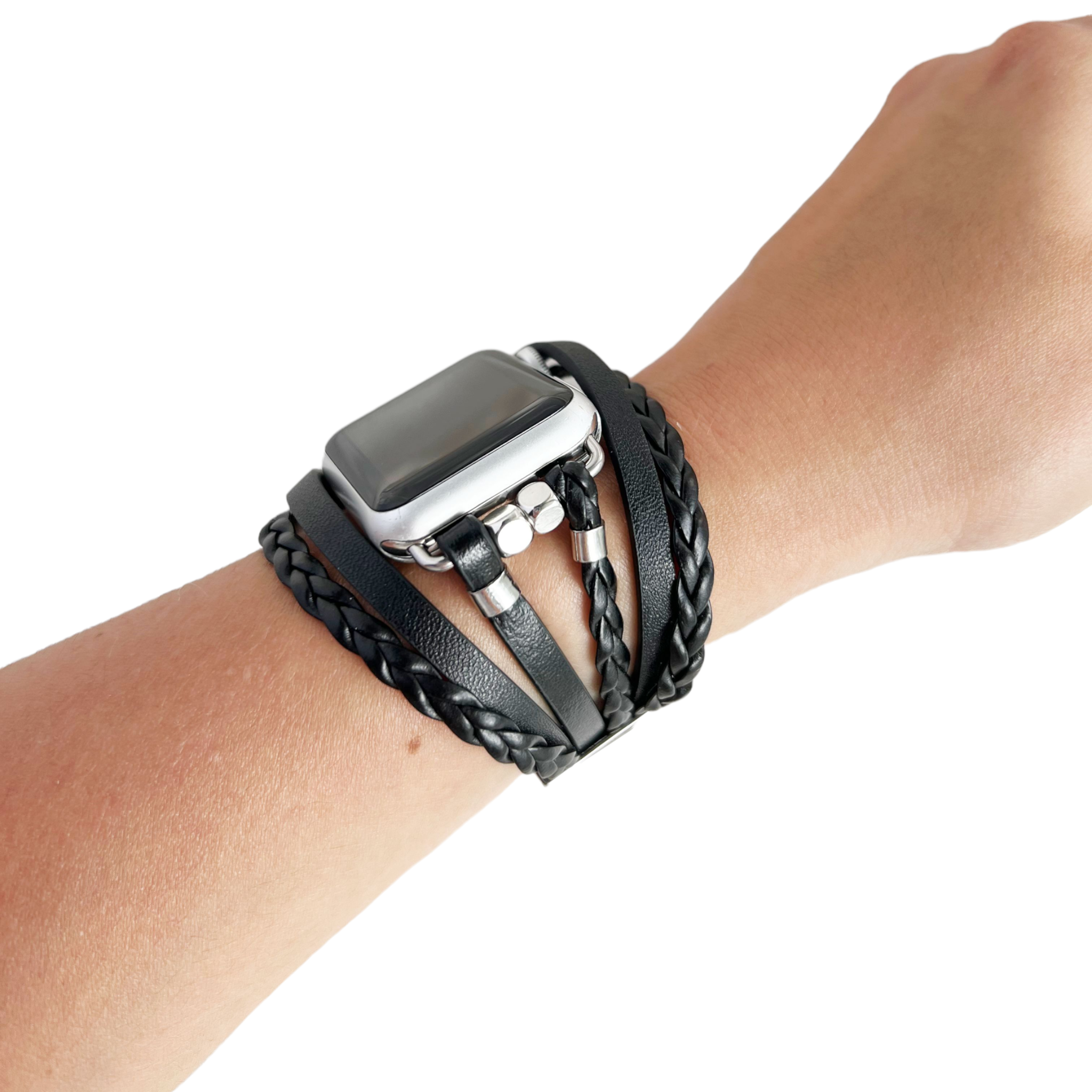 Silver Trimmed Watch Bracelet, Exclusive Black and Silver Galaxy Active Strap, Modern Galaxy Active Band, Stylish Silver-Embellished Bracelet, Contemporary Black Leather Strap