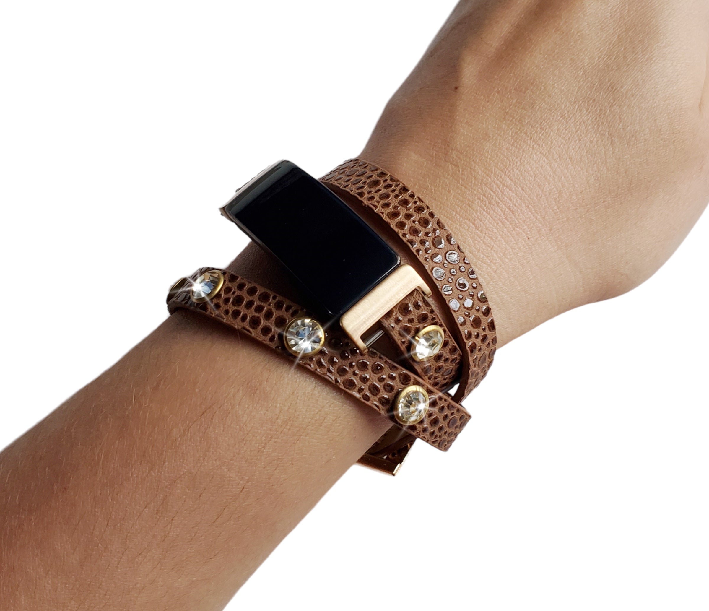 Gold Boho Chic Cheetah Print Leather Wrap Strap Bracelet for Fitbit Inspire