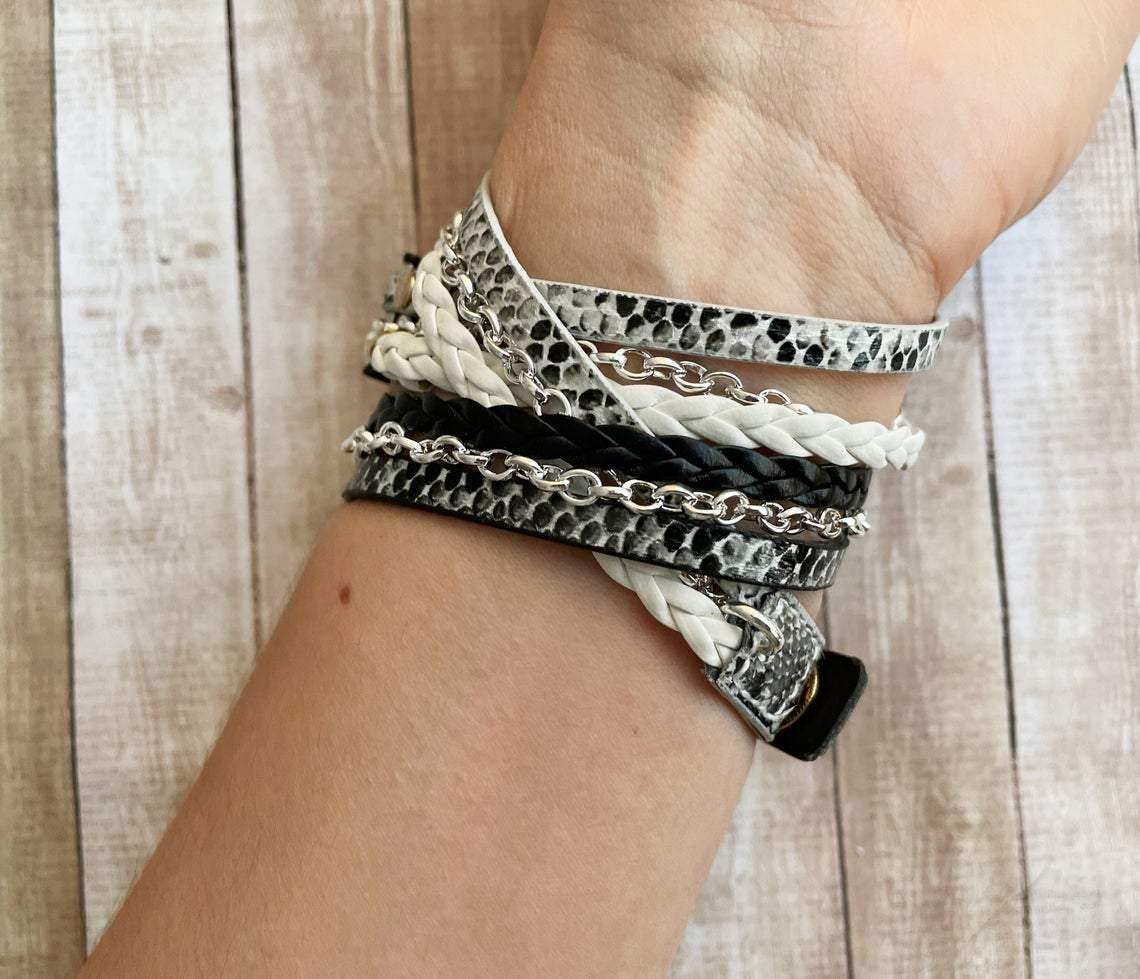 White Black Snakeskin Leather Watch Band with Silver Chain for Fitbit Inspire - Mareevo