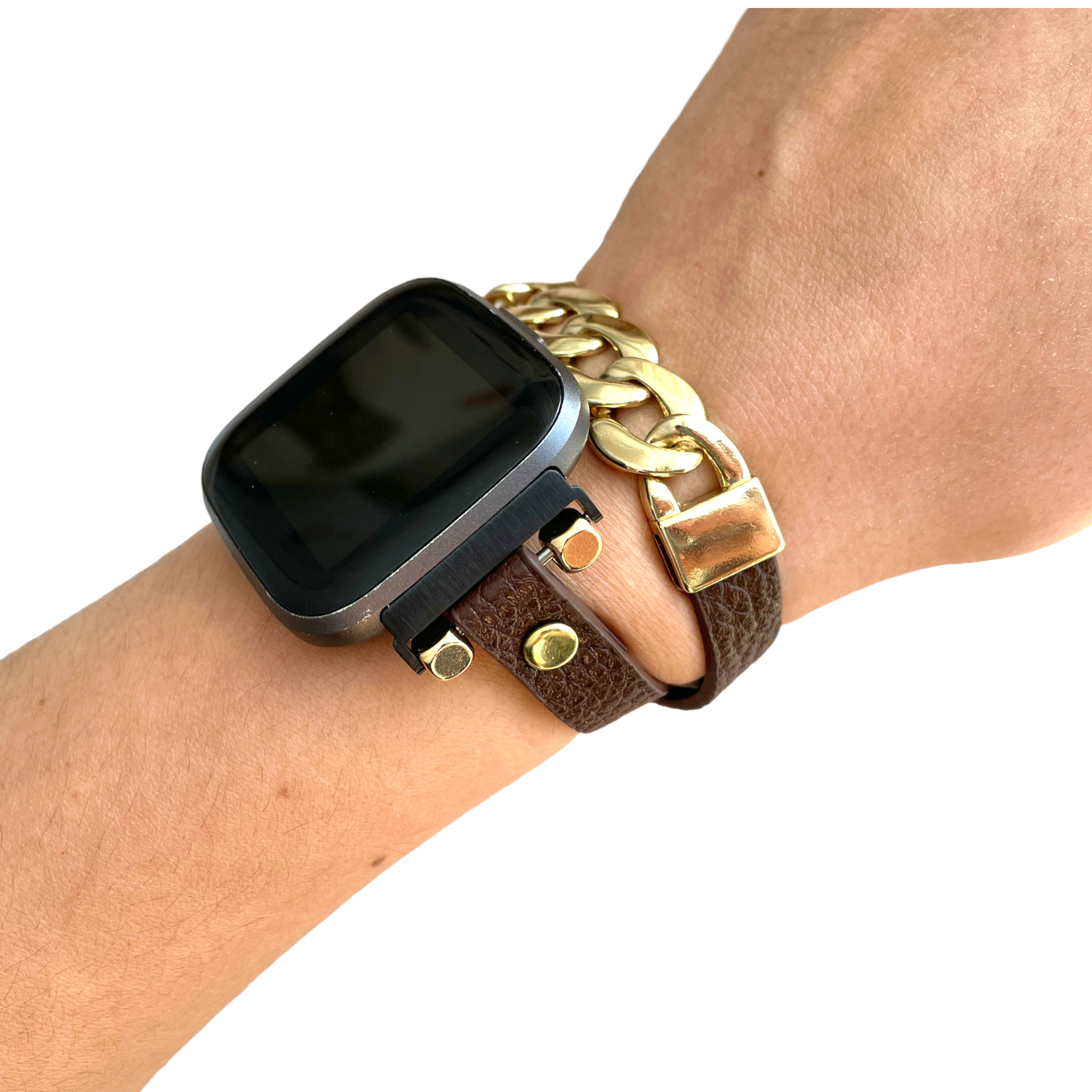 Posh Black Leather Gold Chain Wrap Watch Bracelet Band for Fitbit Versa 3 and Sense