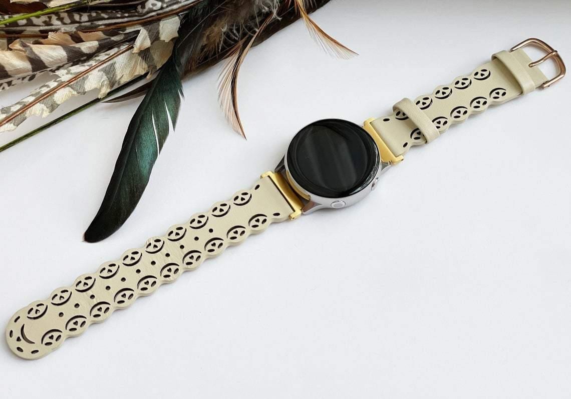 Beige Filigree Leather Watch Band - Mareevo