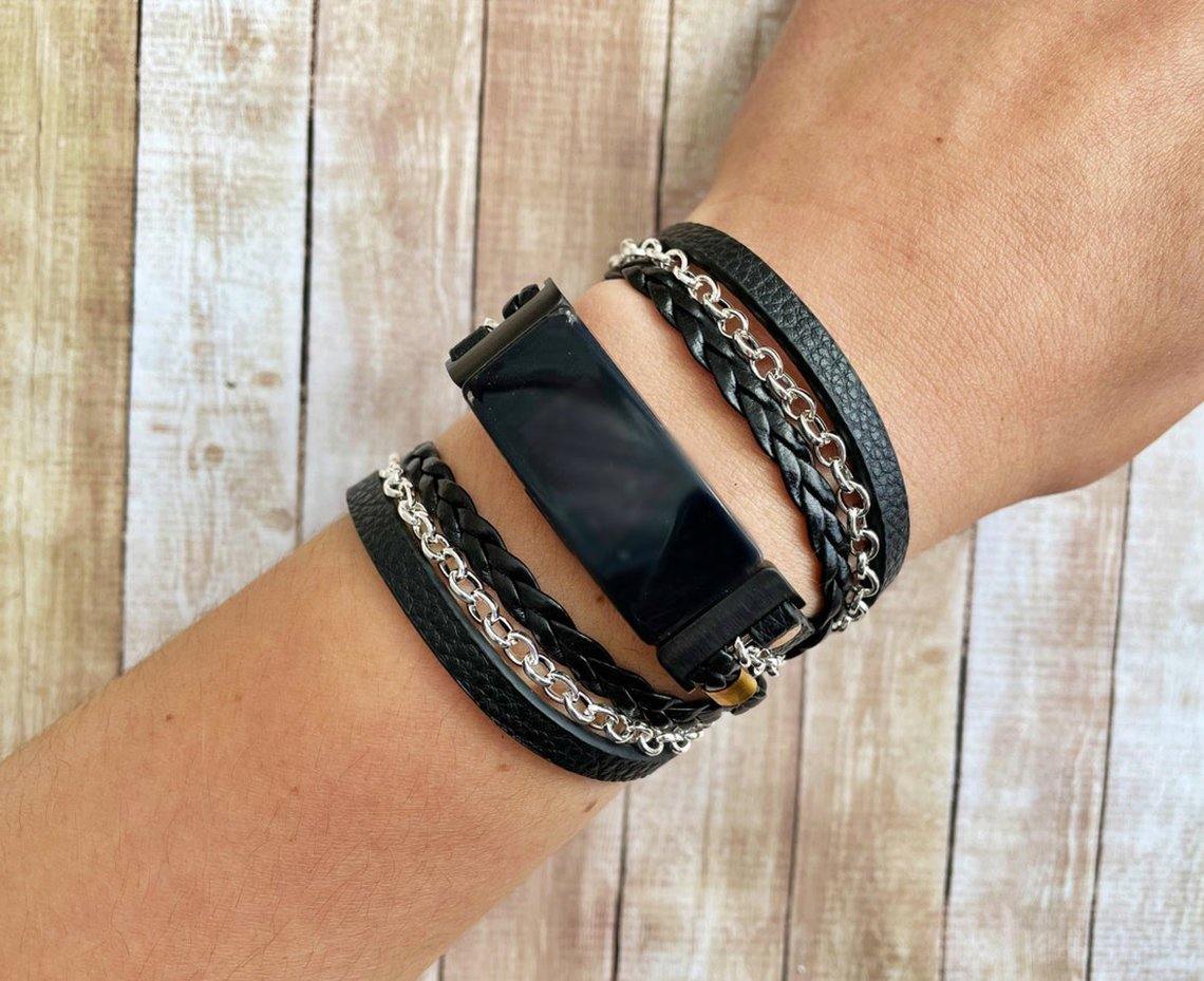 Black Boho Chic Wrap Watch Band with Silver Chain for Fitbit Inspire - Mareevo