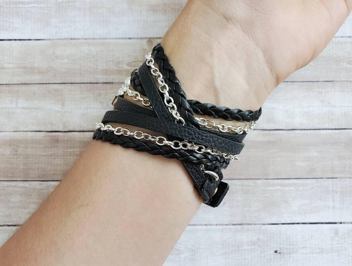 Black Boho Chic Wrap Watch Band with Silver Chain for Fitbit Luxe - Mareevo