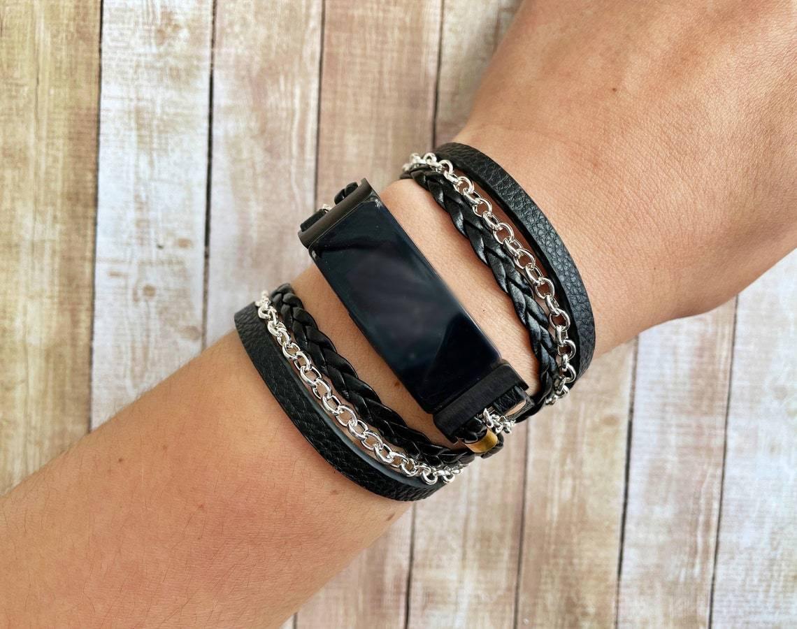 Black Boho Chic Wrap Watch Band with Silver Chain for Fitbit Luxe