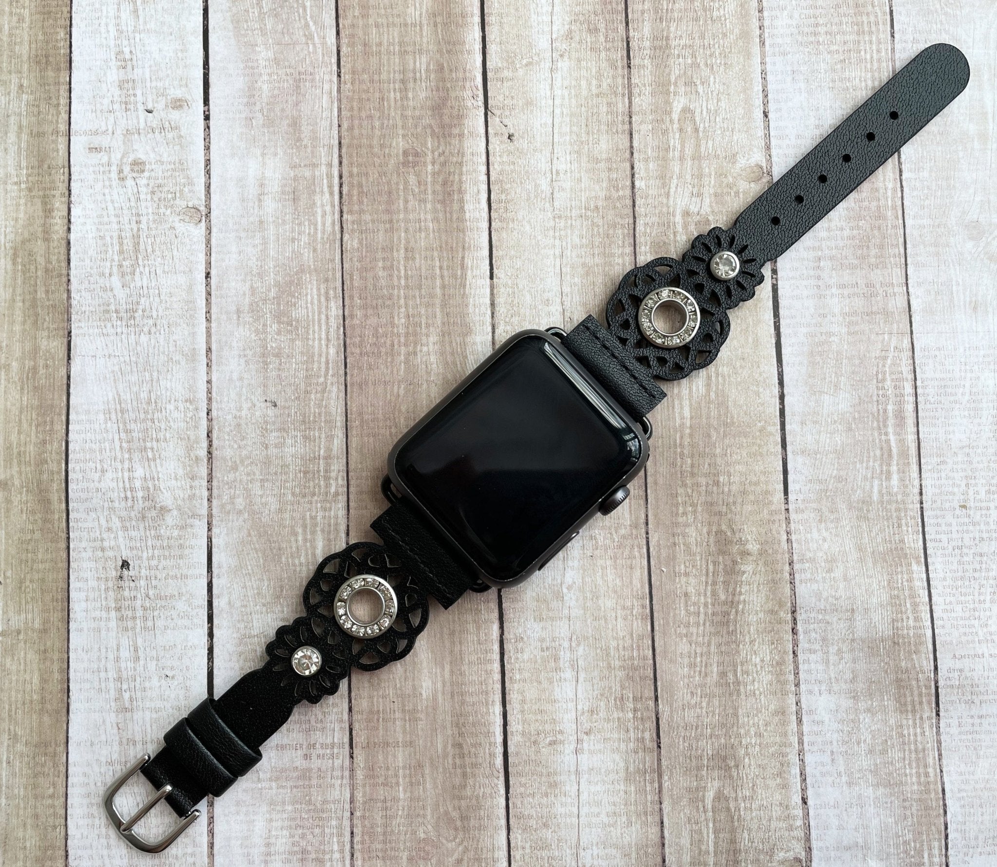Black Filigree Lace Leather Watch Band with Crystal Pave - Mareevo