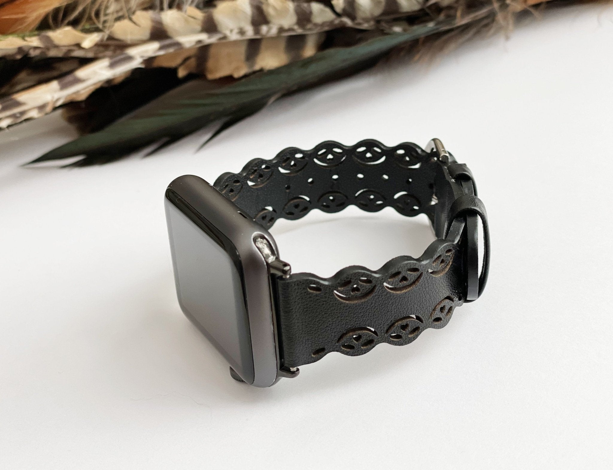 Black Laser Cut Lace Leather Watch Band - Mareevo