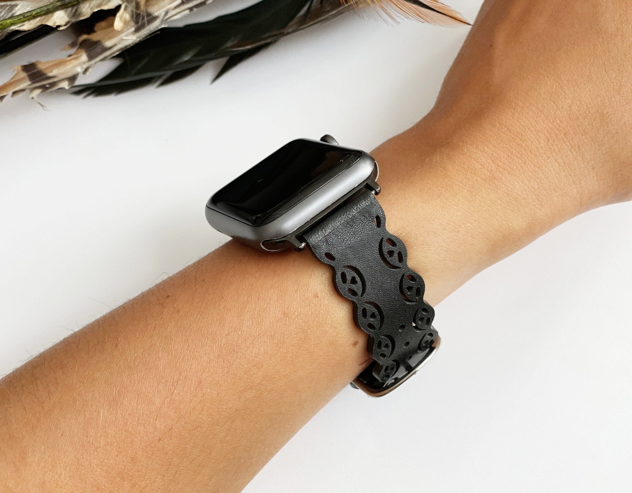 Black Laser Cut Lace Leather Watch Band - Mareevo