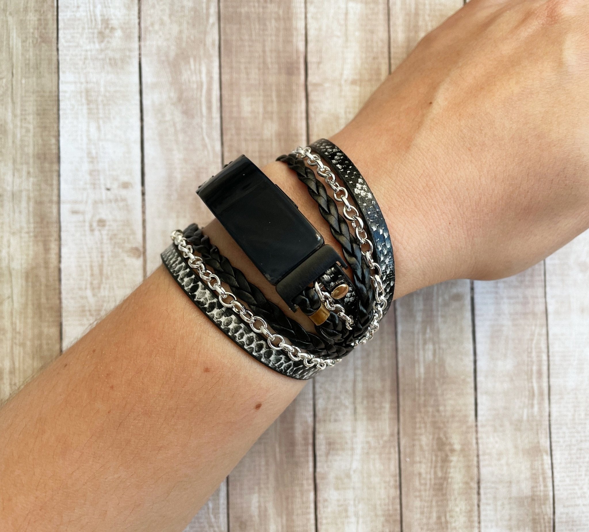 Black Snake Skin Vegan Leather Watch with Gold Chain for Fitbit Luxe - Mareevo