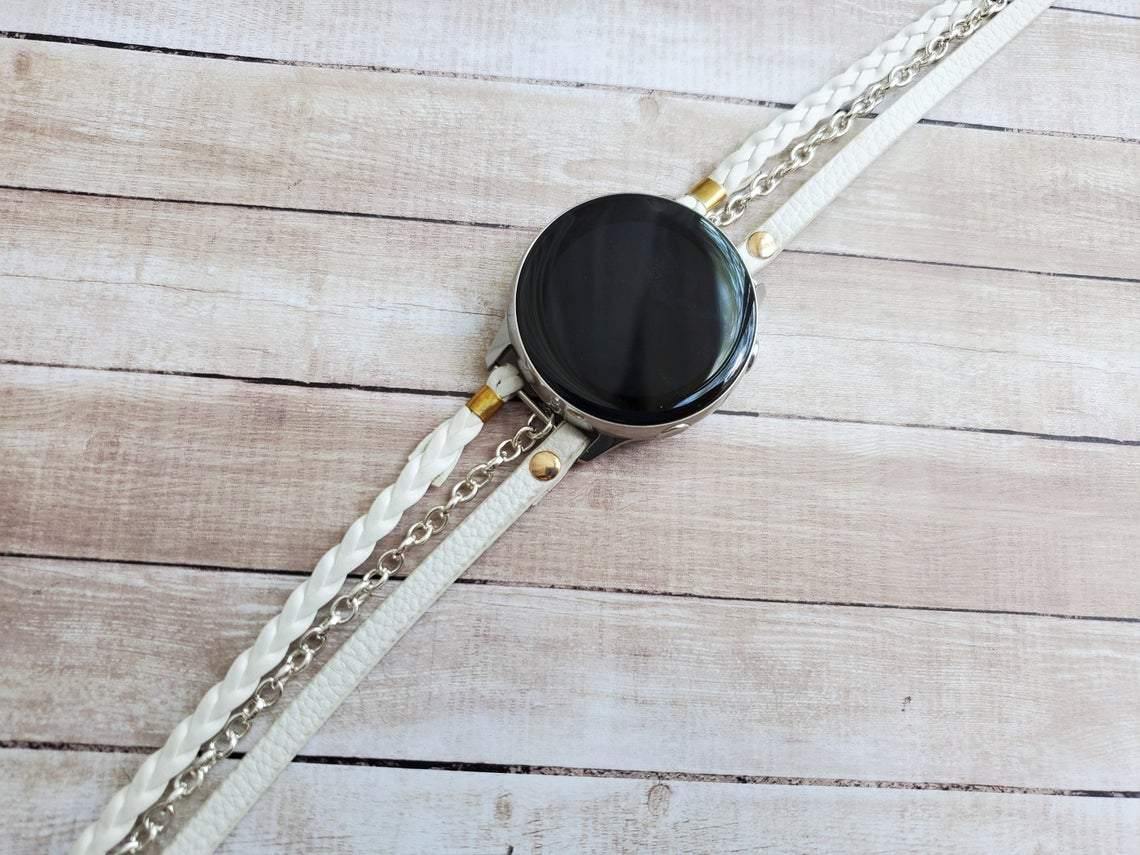 Black Vegan Leather Boho Hippie Watch Band with Silver Chain for Samsung Watch - Mareevo