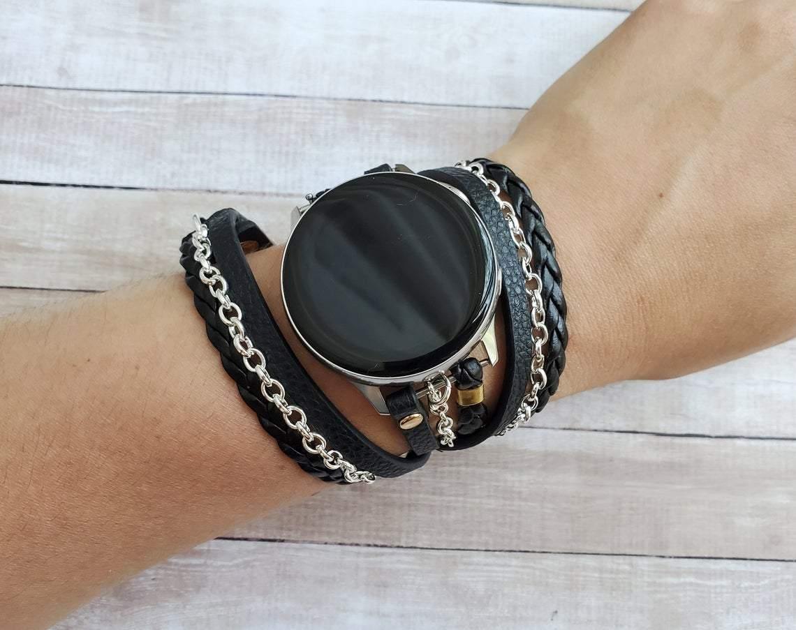 Black Vegan Leather Boho Hippie Watch Band with Silver Chain for Samsung Watch - Mareevo