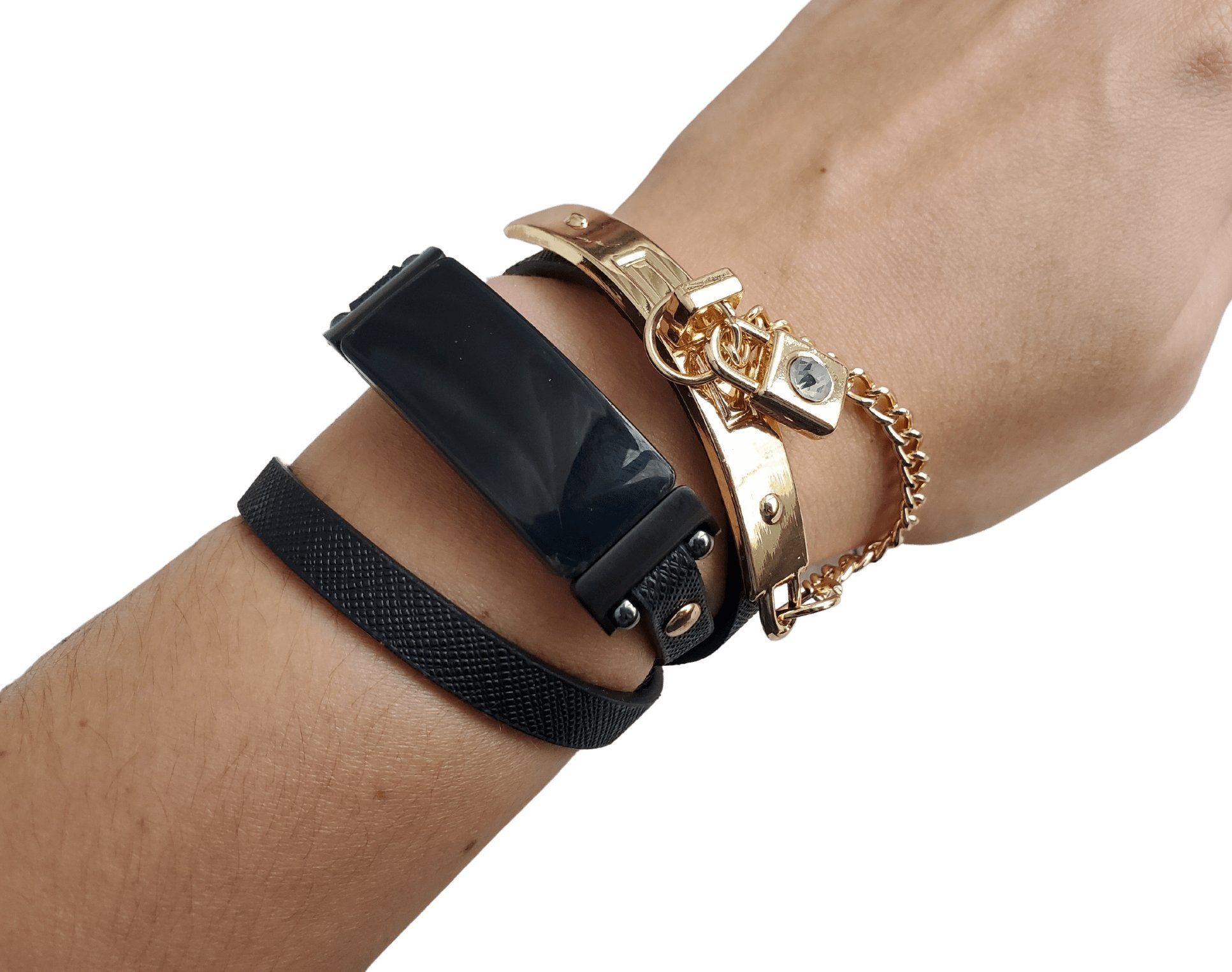 Black Vegan Leather Bracelet Gold Bangle with Lock Charm for Fitbit Luxe - Mareevo