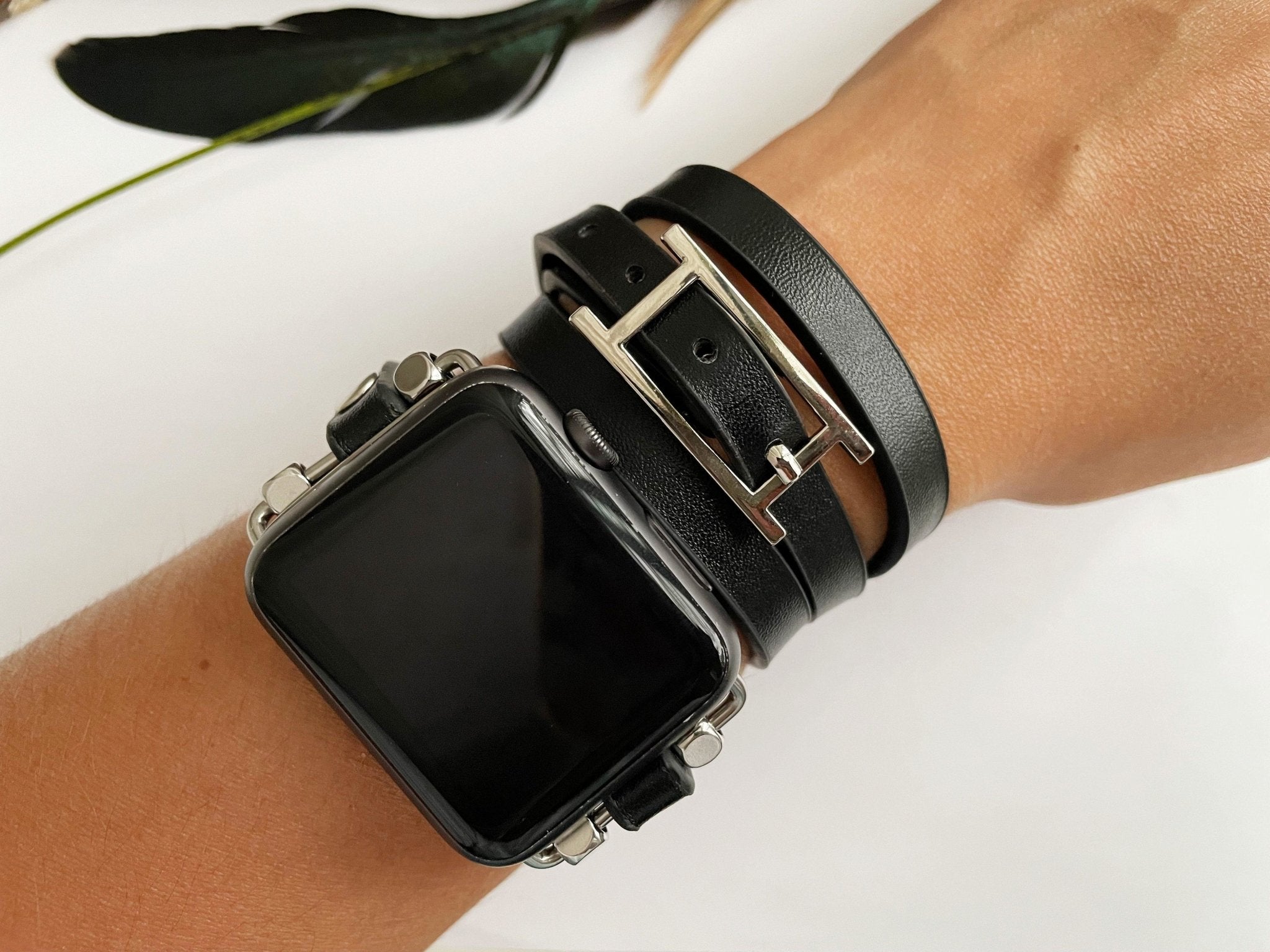 Black Vegan Leather H Style Multi Wrap Bracelet Watch Band - Mareevo