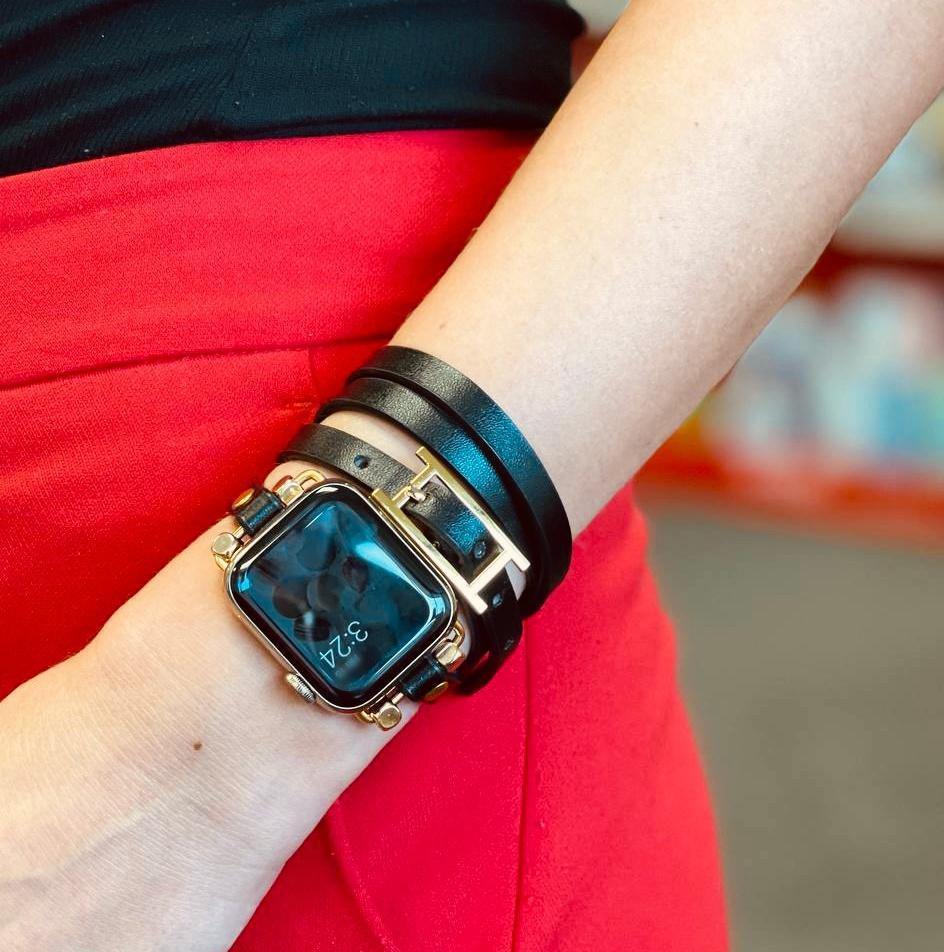 Black Vegan Leather H Style Multi Wrap Bracelet Watch Band - Mareevo