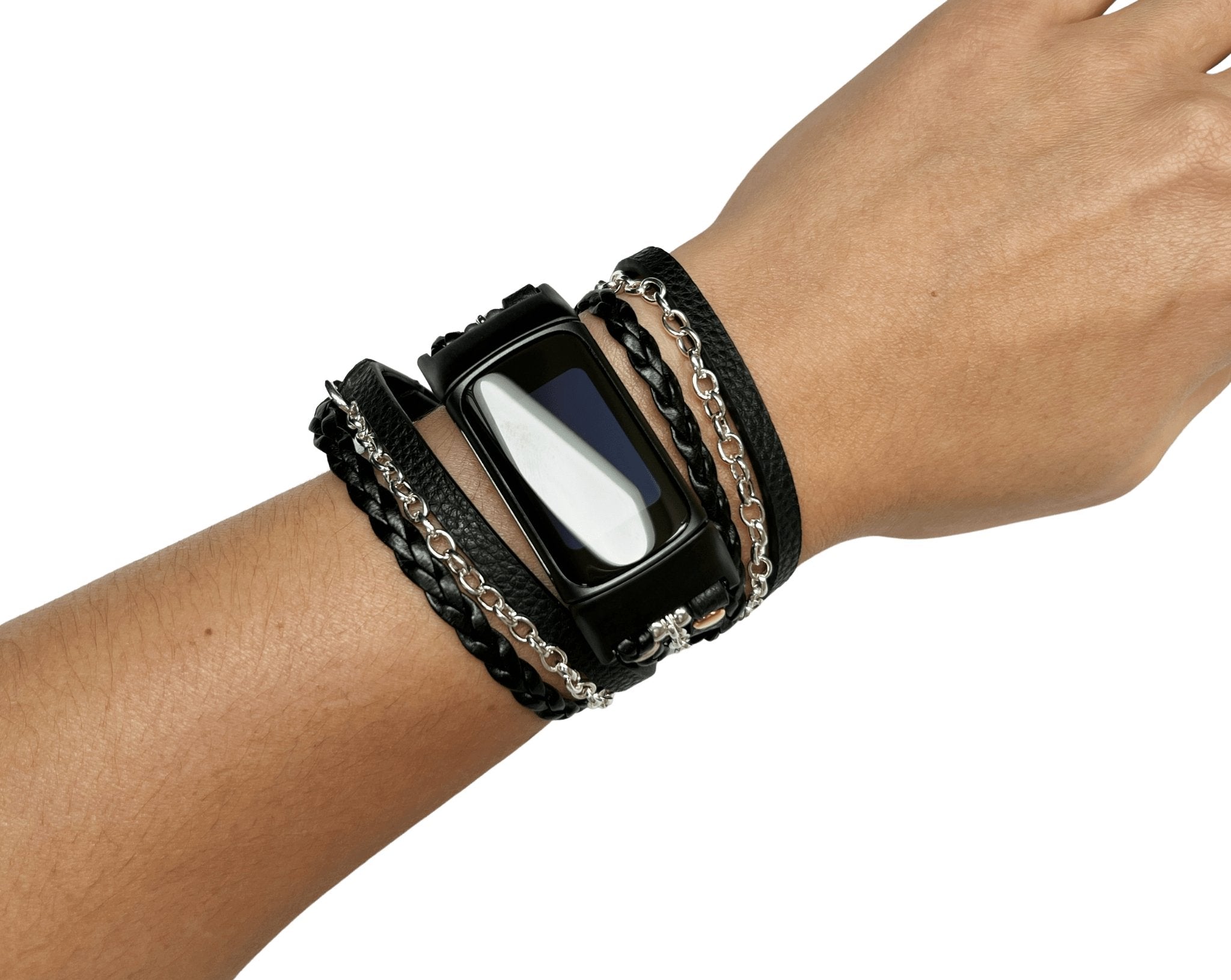 Boho Chic Black Leather Warp Watch Bracelet Band for FitBit Charge 5 - Mareevo
