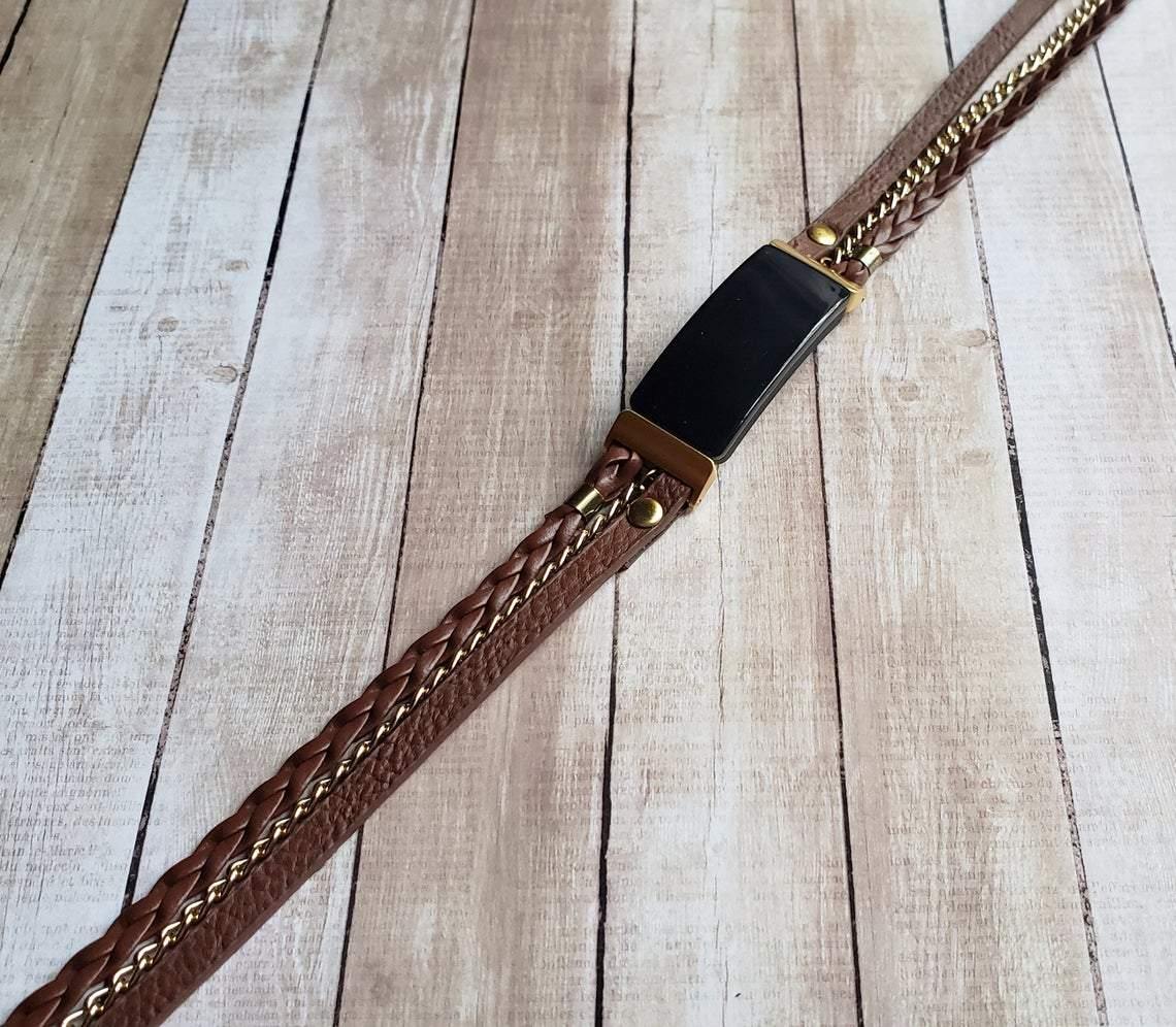 Boho Chic Brown Vegan Leather Watch Band with Gold Chain for Fitbit Inspire - Mareevo