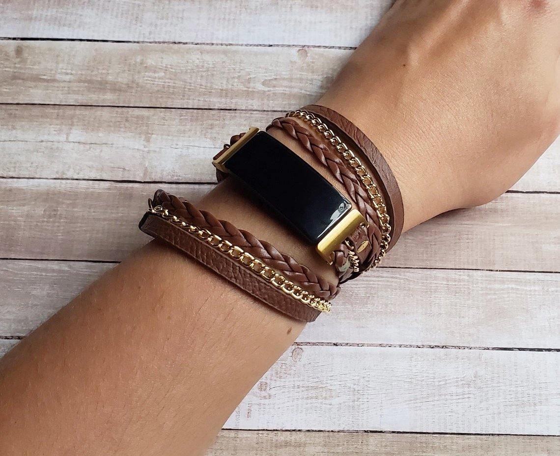 Boho Chic Brown Vegan Leather Watch Band with Gold Chain for Fitbit Inspire
