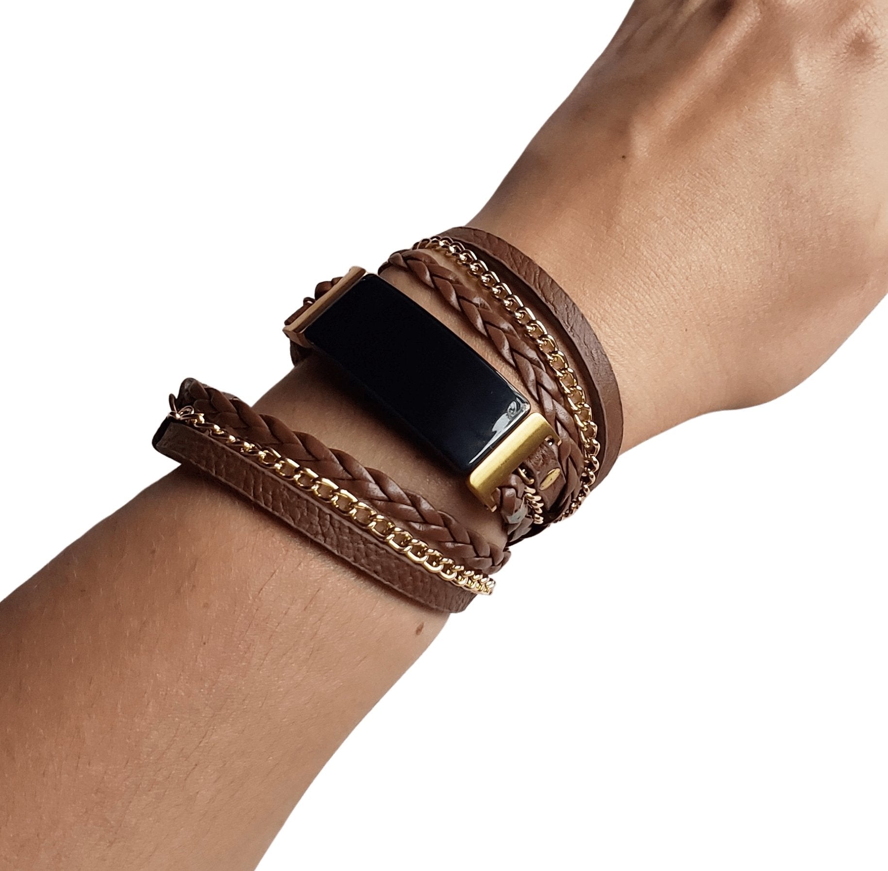 Boho Chic Brown Vegan Leather Watch Band with Gold Chain for Fitbit Inspire - Mareevo