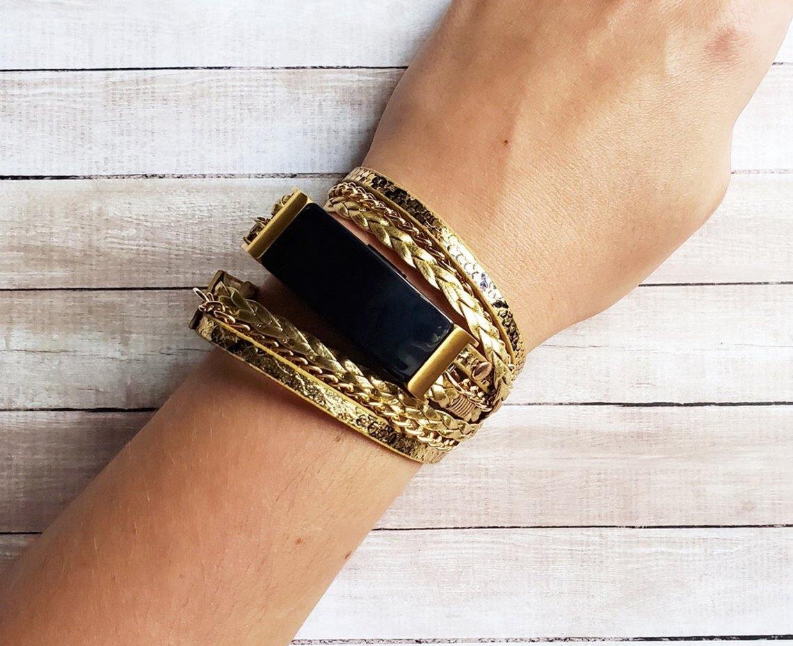 Boho Chic Gold Snake Skin Pattern Leather Watch Band for Fitbit Luxe