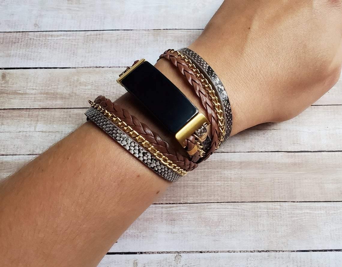 Boho Chic Silver Snake Skin Print Watch Band with Gold Chain - Mareevo