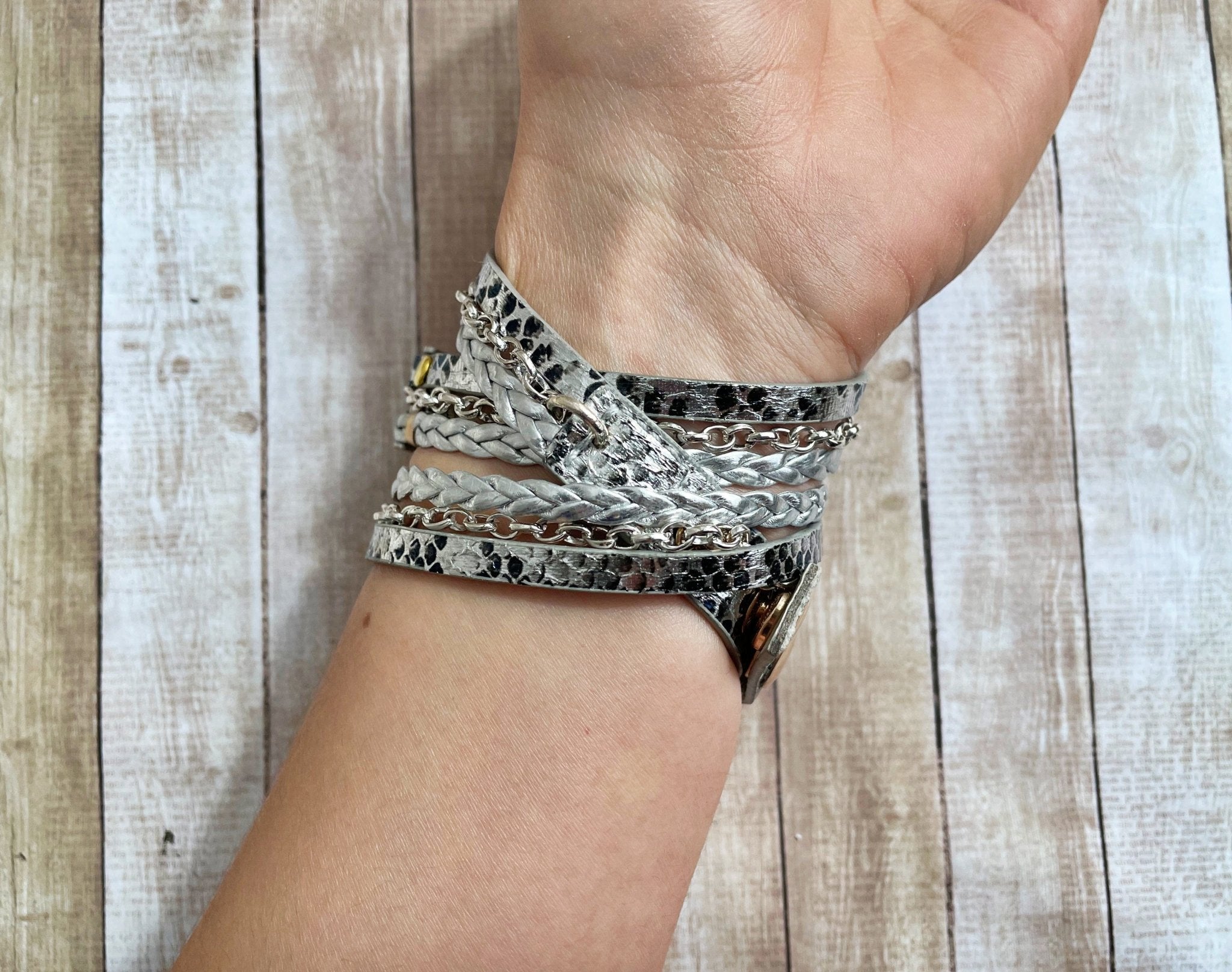 Boho Chic Silver Snakeskin Leather Watch Band with Silver Chain for Fitbit Luxe - Mareevo