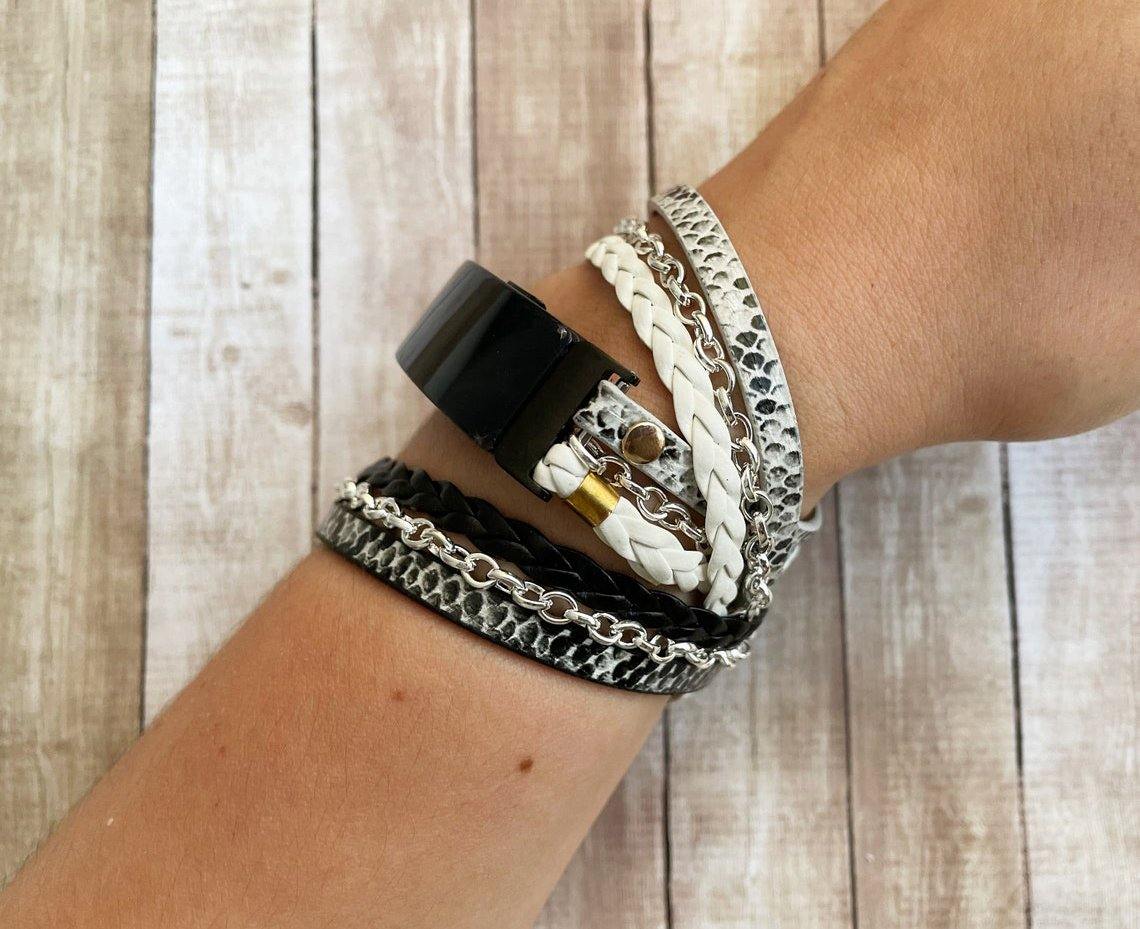 Boho Chic White and Black Snakeskin Leather Wrap Watch Band for Fitbit Luxe - Mareevo