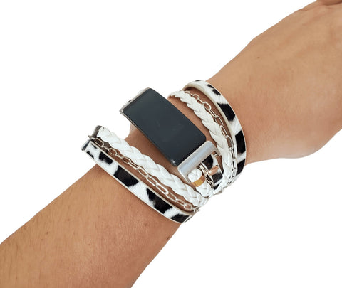 Boho Chic White Cheetah Print Leather Wrap Strap Bracelet for Fitbit Inspire