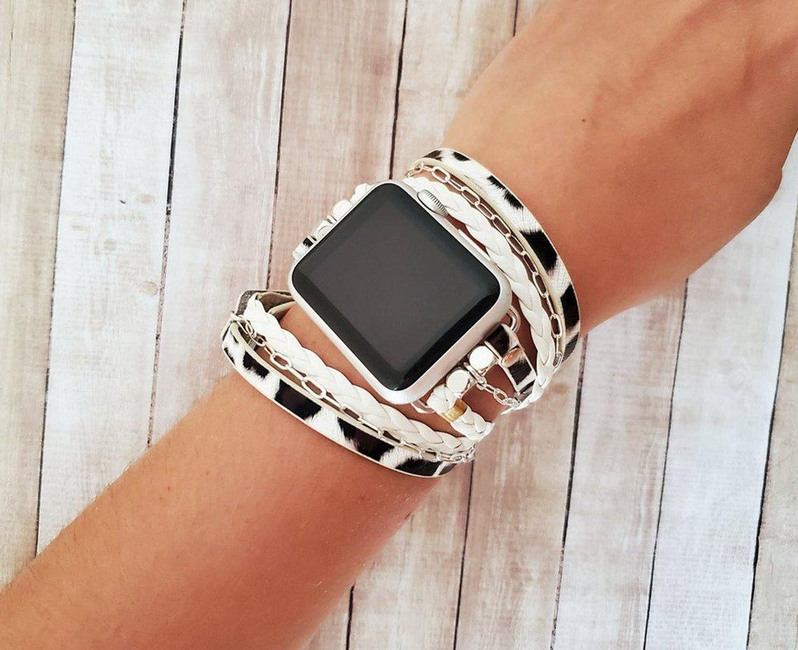 Boho Chic White Leopard Print Wrap Watch Band - Mareevo