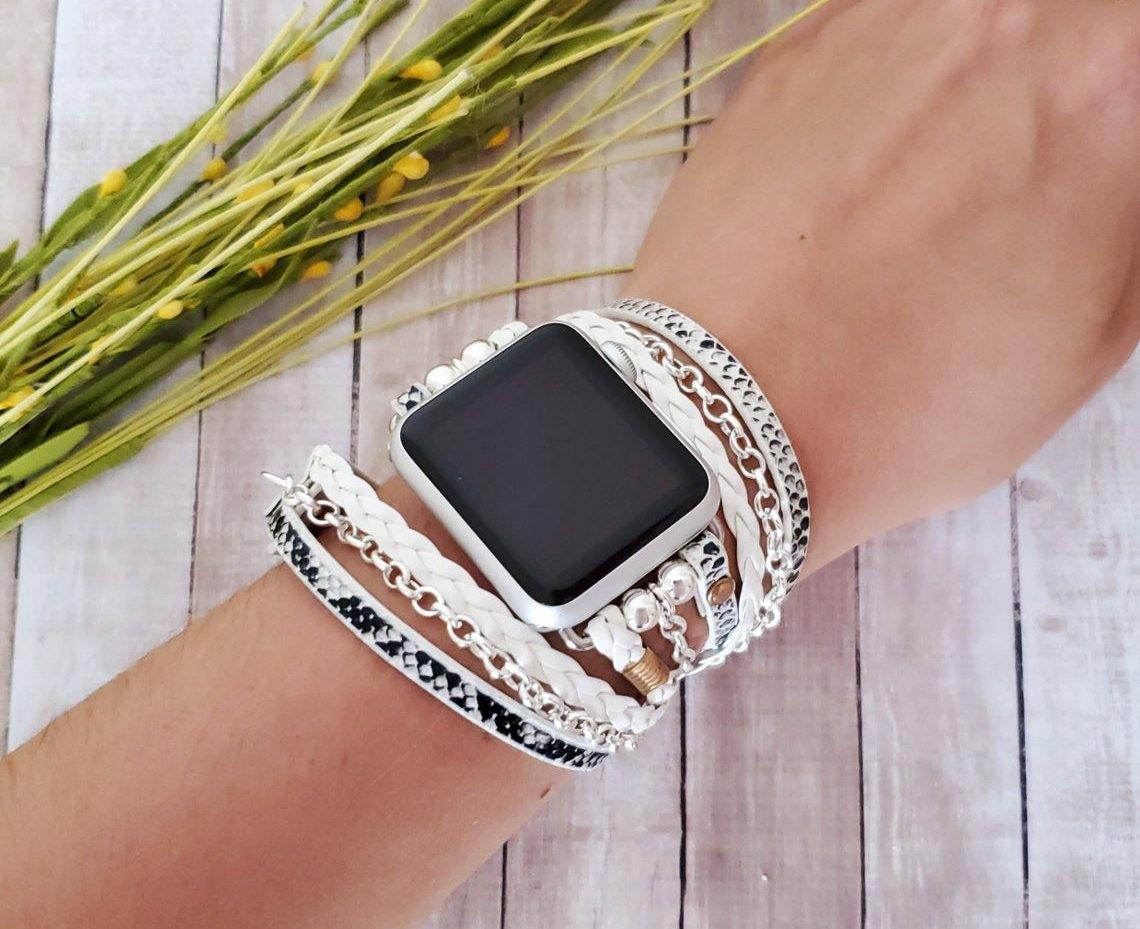 Boho Chic White Snake Skin Leather Watch Band with Silver Chain - Mareevo