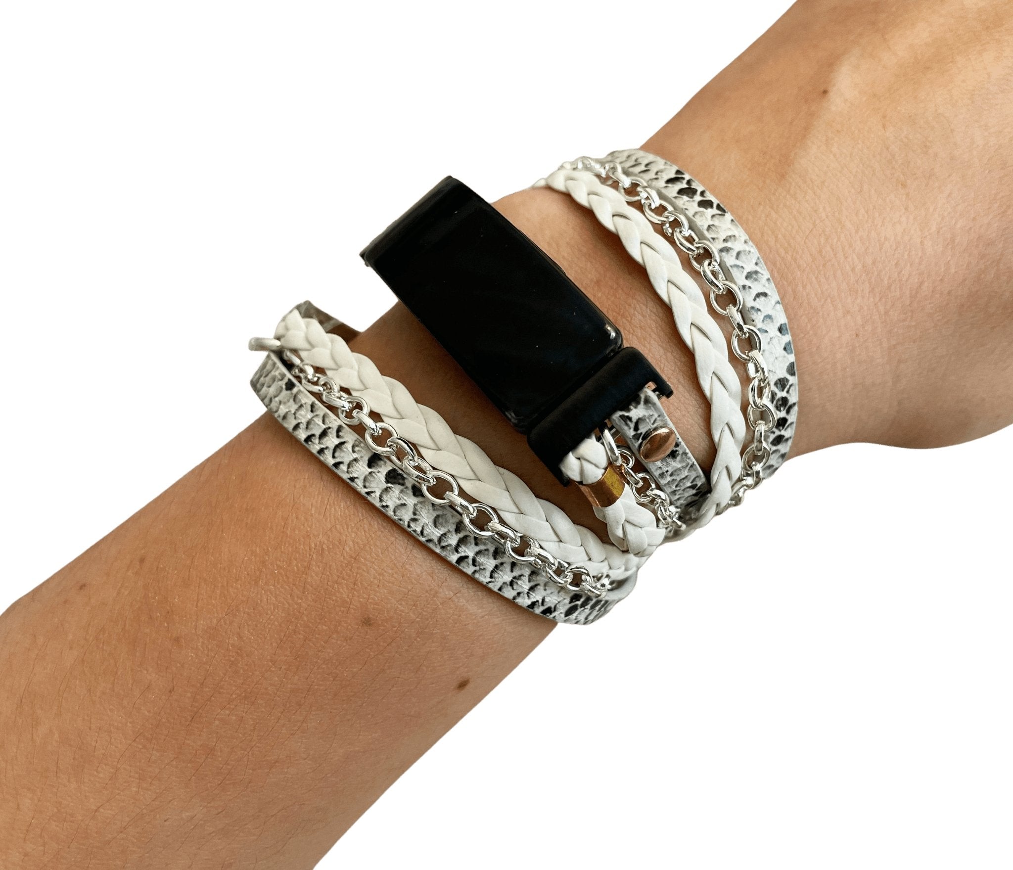 Boho Chic White Snakeskin LeatherWatch Band with Silver Chain for Fitbit  Luxe