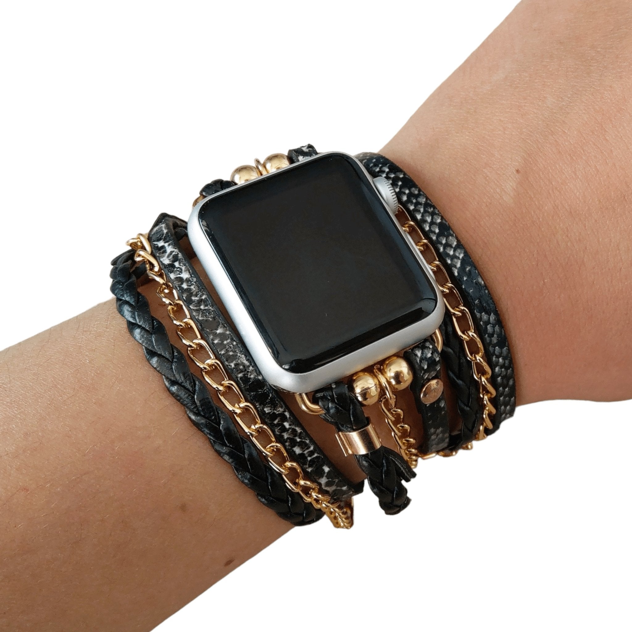 Boho Chic Wrap Snake Print Watch Bracelet band with Gold Chain - Bohemian Style Fashionable Apple Watch Band