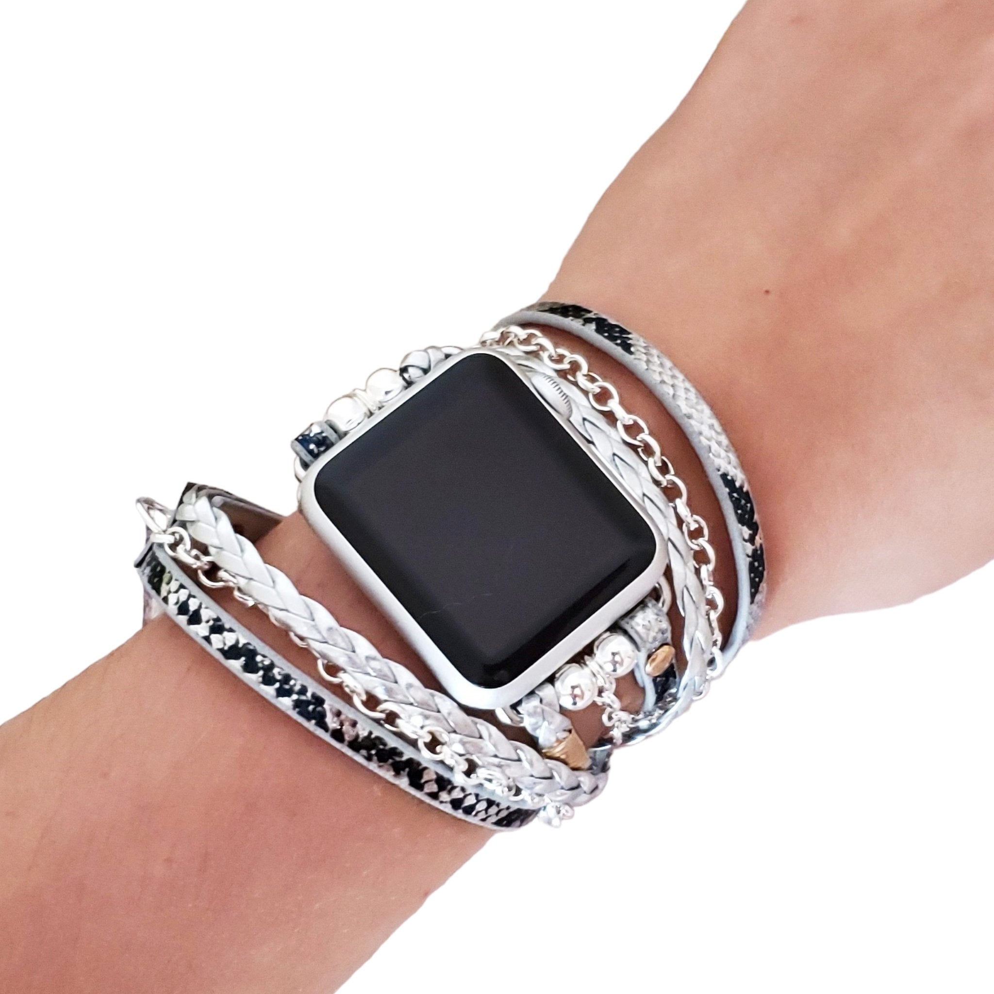 Boho Chic Wrap Snake Skin Watch Band with Silver Chain for apple watch 8 7 6 5 4 3 2 1 SE, apple watch band 40mm, iwatch strap 44mm, replacement band for iwatch