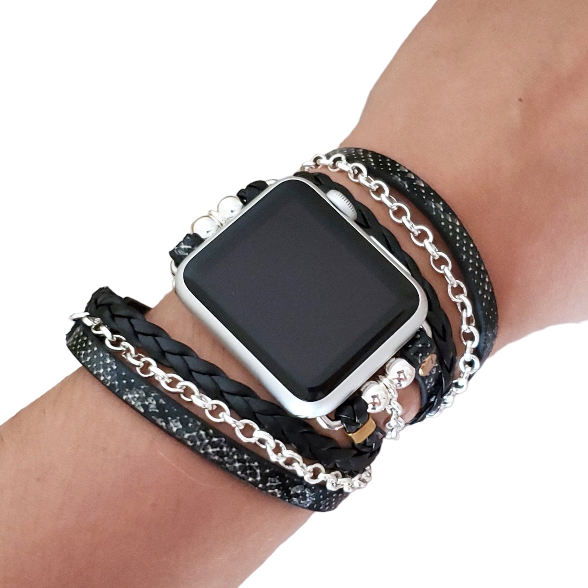Boho Chic Watch Bracelet, Layered Watch Bracelet, Snake Print Vegan Leather, Chain Detail, Apple Watch Bracelet, Bohemian Style, Fashionable Apple Watch Band, All Series and Sizes, Stylish Apple Watch Accessory, Trendy Watch Bracelet, Vegan Leather Apple Watch Band
